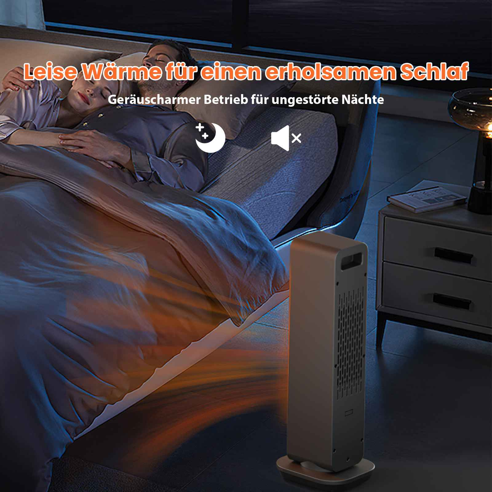 Ein Paar schläft im Bett. Ein Heizgerät steht auf dem Boden. Text: 'Leise Wärme für erholsamen Schlaf'.