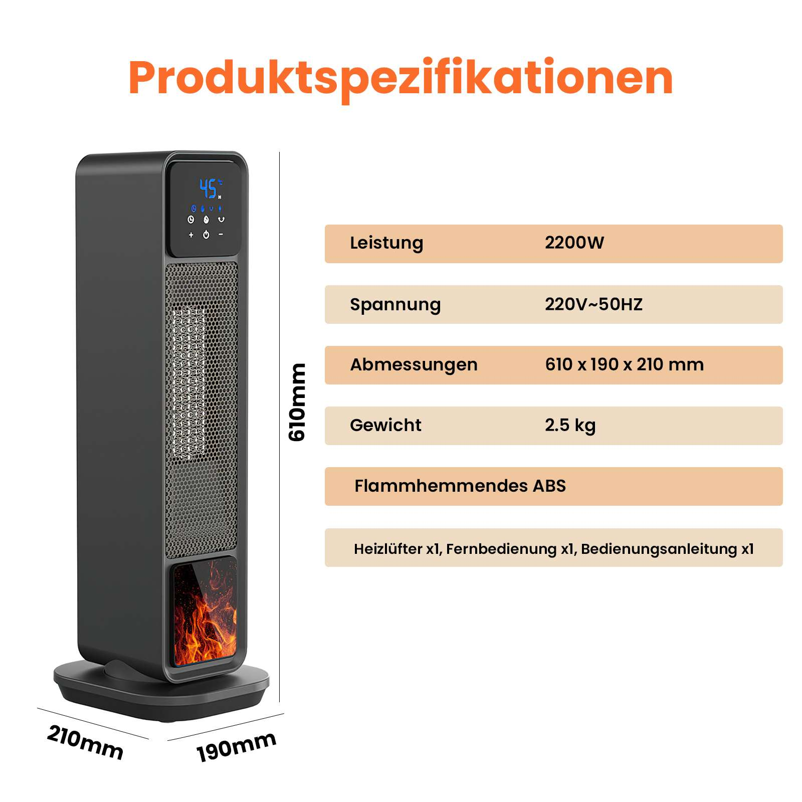 Schwarzer elektrischer Heizlüfter mit Digitalanzeige und Spezifikationstabelle. Abmessungen: 610x190x210mm. Spezifikationen umfassen Spannung und Gewicht.
