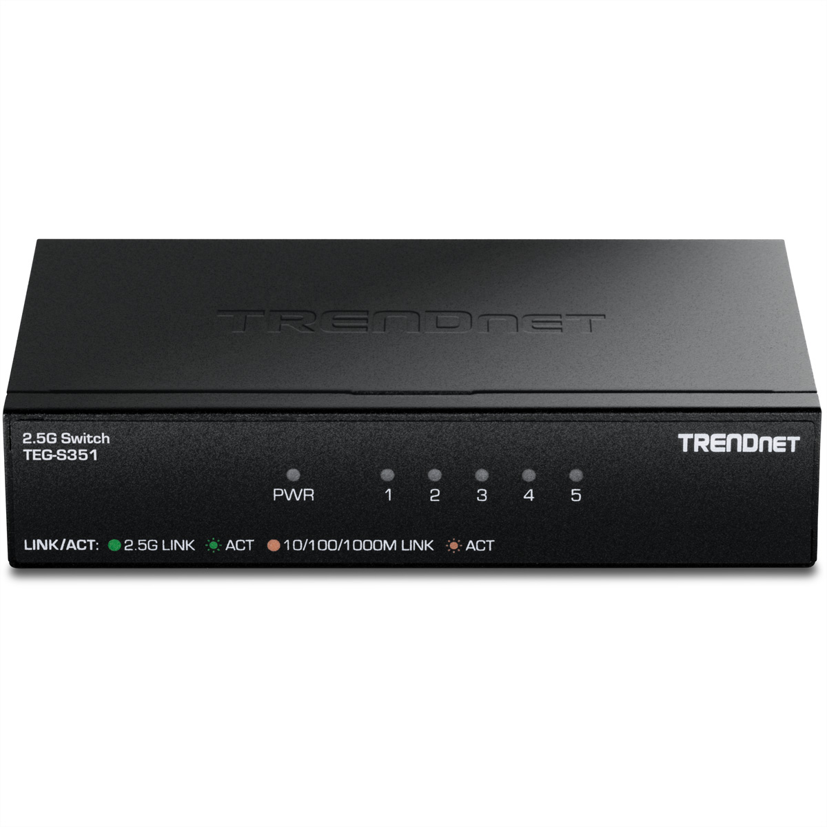 Schwarzer TRENDnet 2.5G Switch TEG-S351. Er hat PWR, 1-5 Indikatoren. Der Boden zeigt 2.5G Link, ACT und 10/100/1000M Link, ACT Indikatoren.