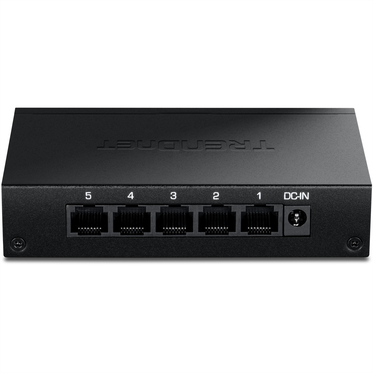 Schwarzer Netzwerk-Switch mit fünf nummerierten Anschlüssen und einem DC-IN-Anschluss. Das Wort TRENDnet ist oben sichtbar.