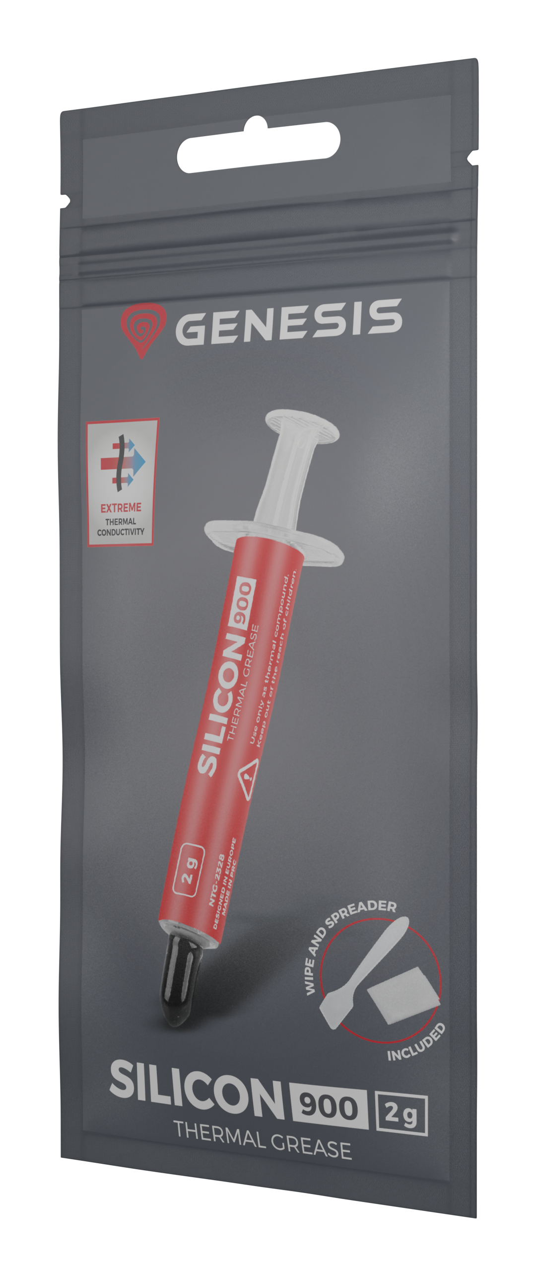 Eine Packung Genesis Silicon 900 Wärmeleitpaste. Sie enthält eine Spritze mit Fett sowie einen Wischer und einen Spachtel.