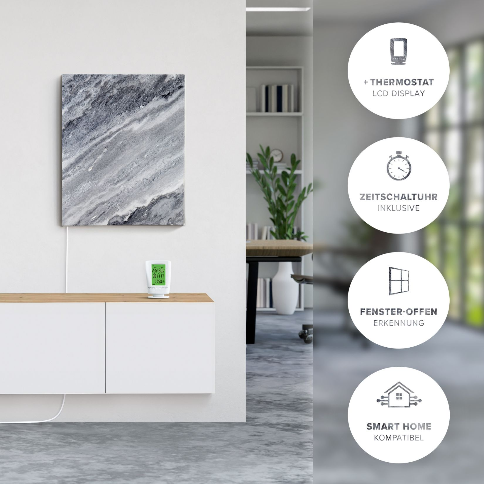 An einer weißen Wand befinden sich ein Marmorkunstwerk und ein Display. Text: Thermostat, Timer, Fenster offen, Smart Home kompatibel.