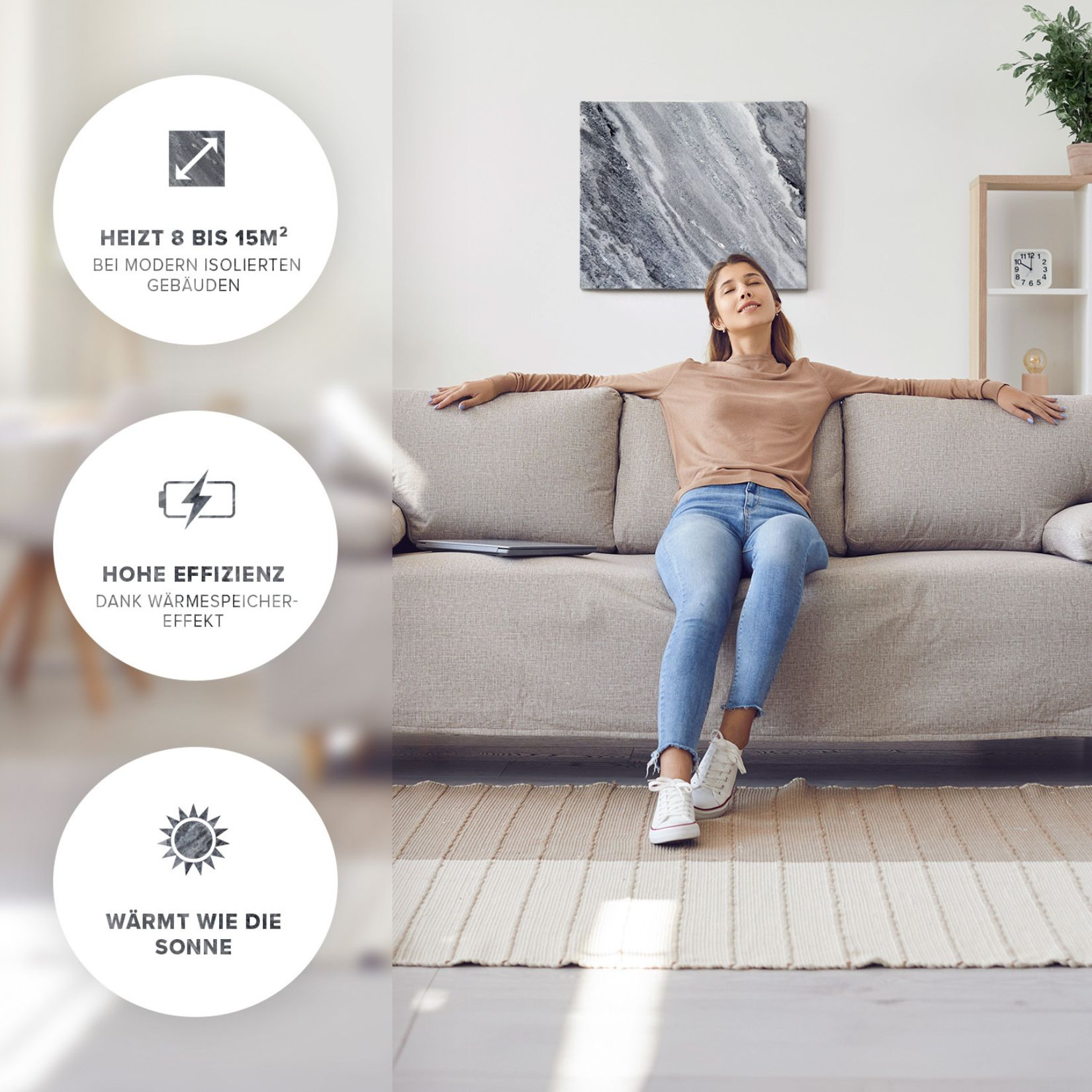 Eine Frau entspannt sich auf einem Sofa, die Arme ausgestreckt. Ein Bild hängt darüber. Symbole deuten auf Heizeffizienz hin.