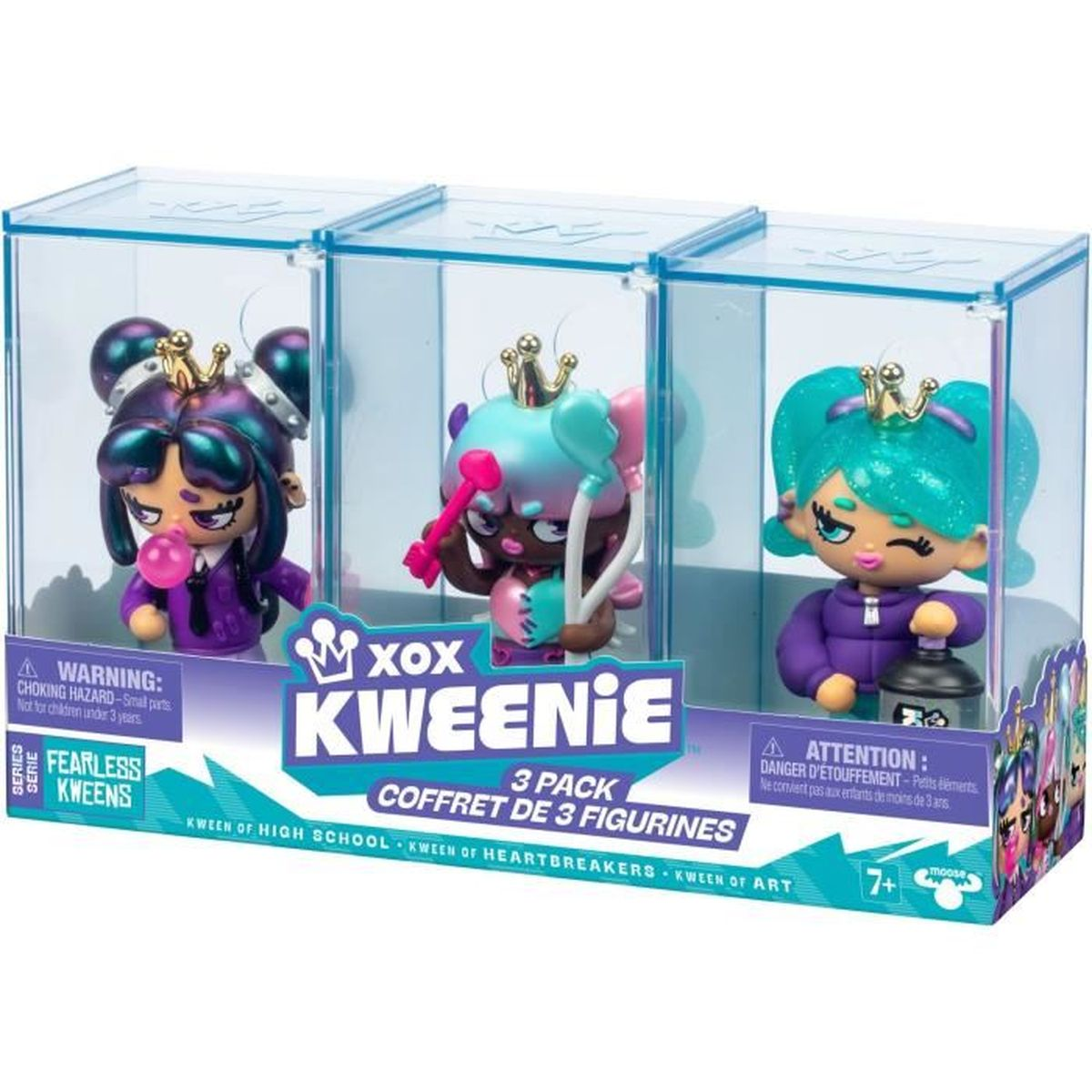 Drei Kweenie-Puppen in Klarsichtboxen. Sie haben Kronen und bunte Haare. Auf der Box steht '3er-Pack' und 'Fearless Kweens'.