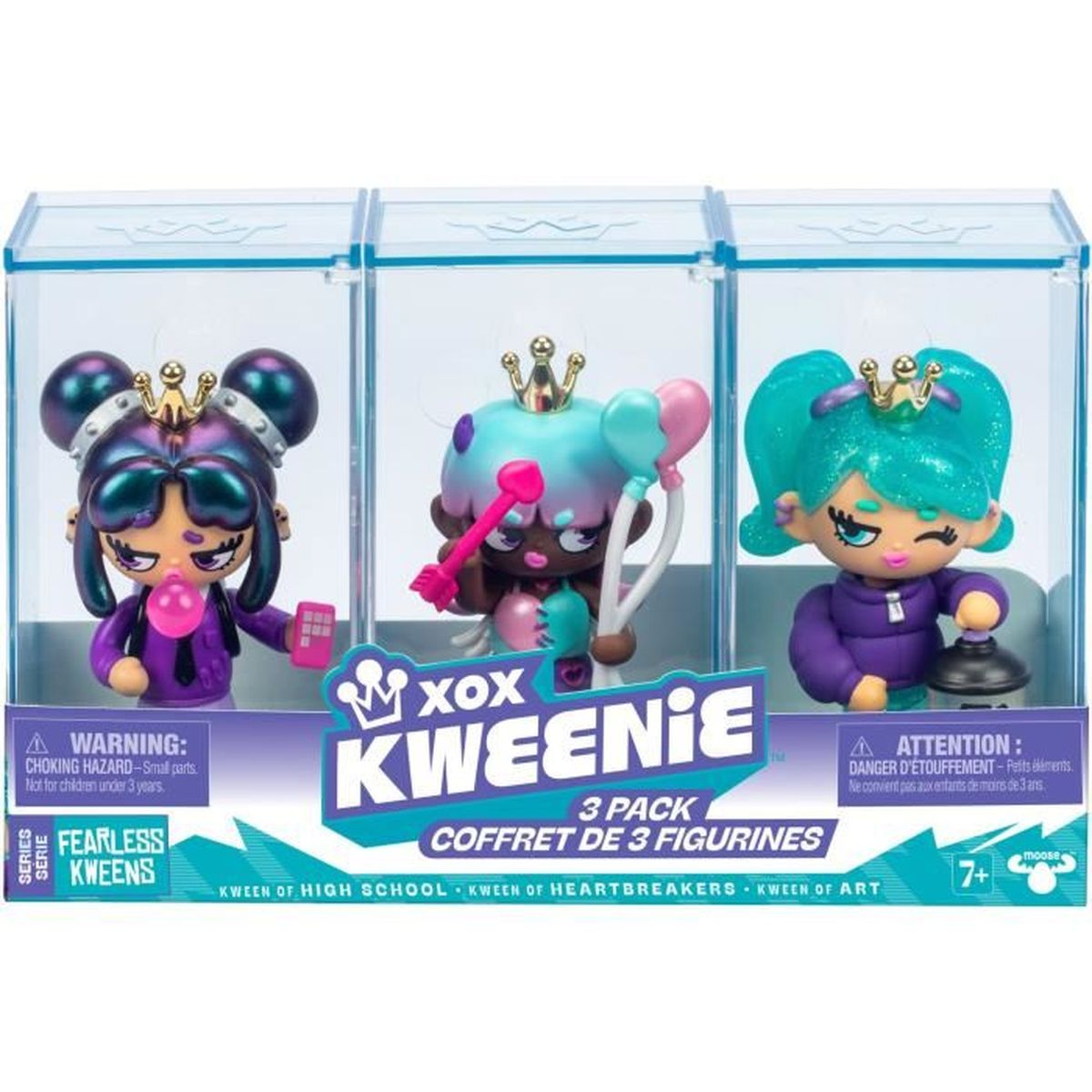 Drei Kweenie-Figuren in durchsichtigen Kunststoffboxen. Jede hat eine Krone. Einer hält ein Telefon, ein anderer einen Pfeil und der letzte einen Curlingstein.
