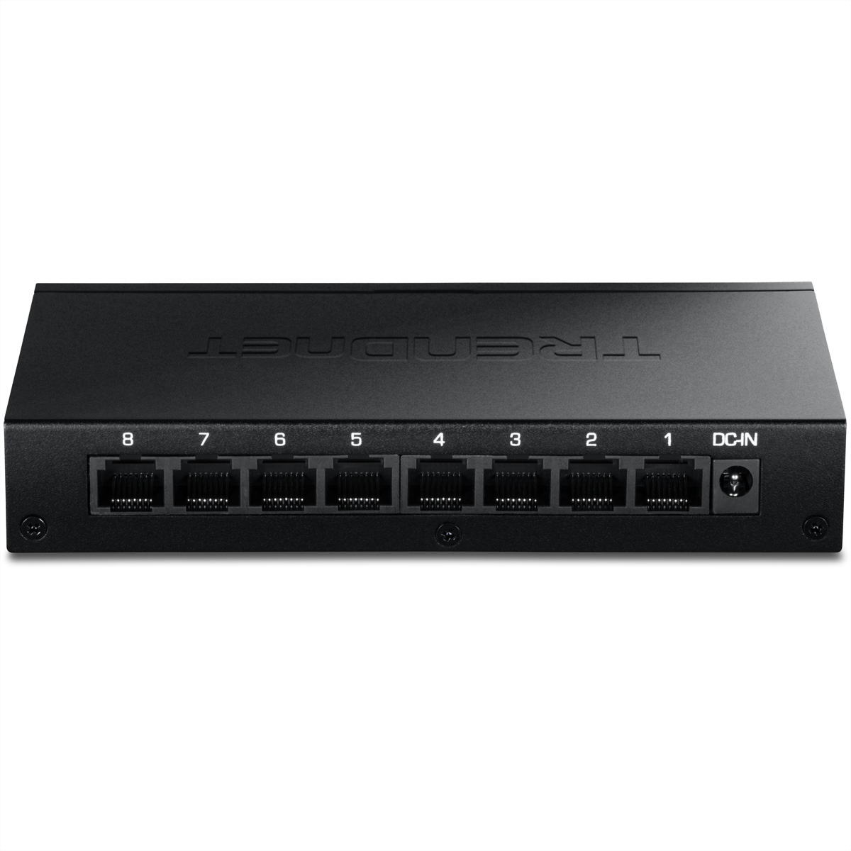 Schwarzer TRENDnet-Netzwerk-Switch mit 8 Ports, beschriftet mit 1-8, plus einem DC-IN-Port. Der Switch steht auf weißem Untergrund.