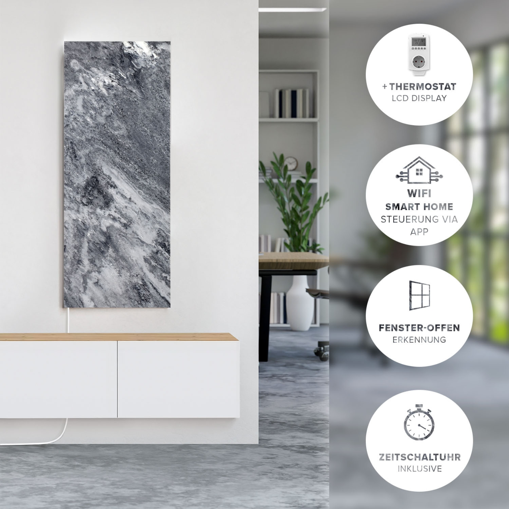 Ein moderner Raum mit einem Wandheizkörper im Marmordesign. Symbole beschreiben Funktionen wie Thermostat, WLAN.