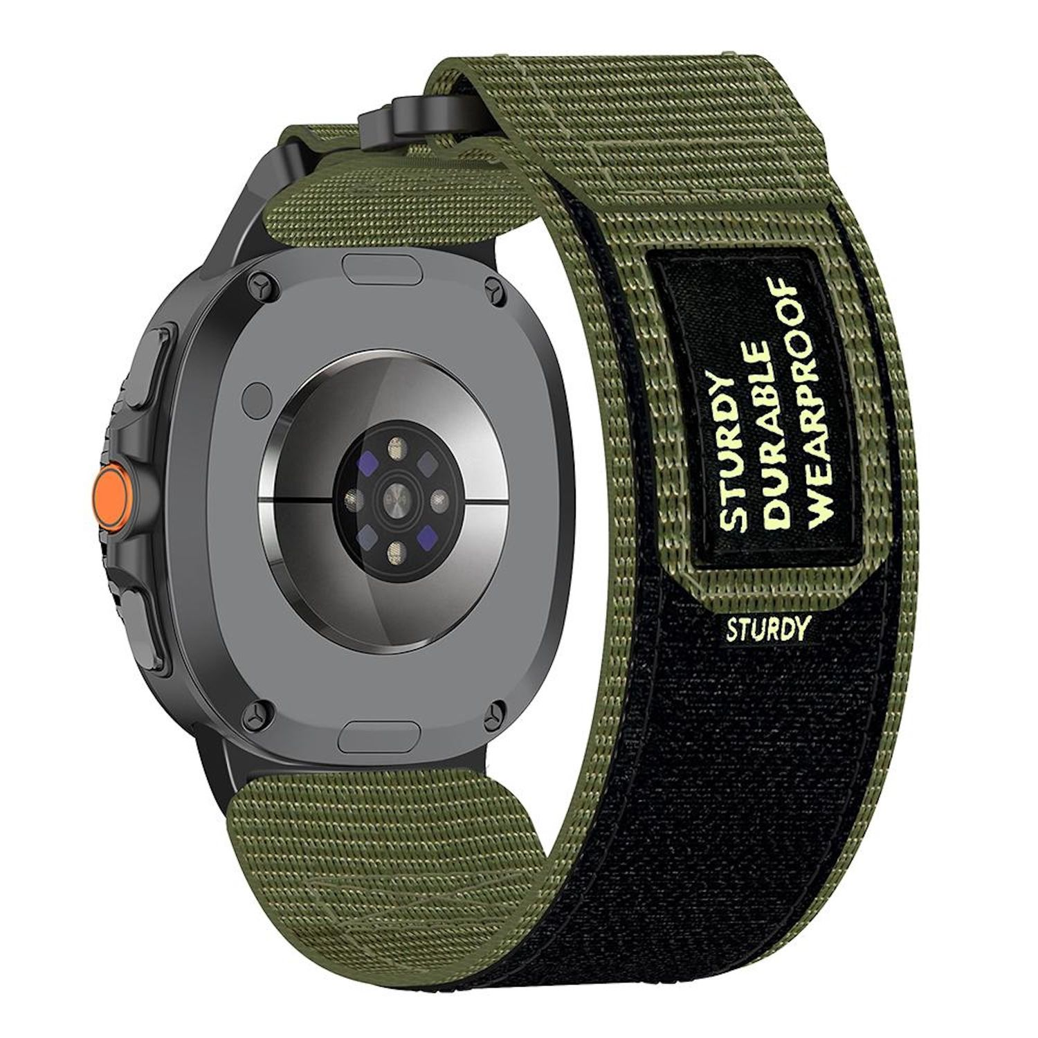 Eine Smartwatch mit olivgrünem Armband. Auf dem Armband steht 'Sturdy Durable Wearproof'. Die Uhr hat ein graues Gehäuse und einen orangefarbenen Knopf.