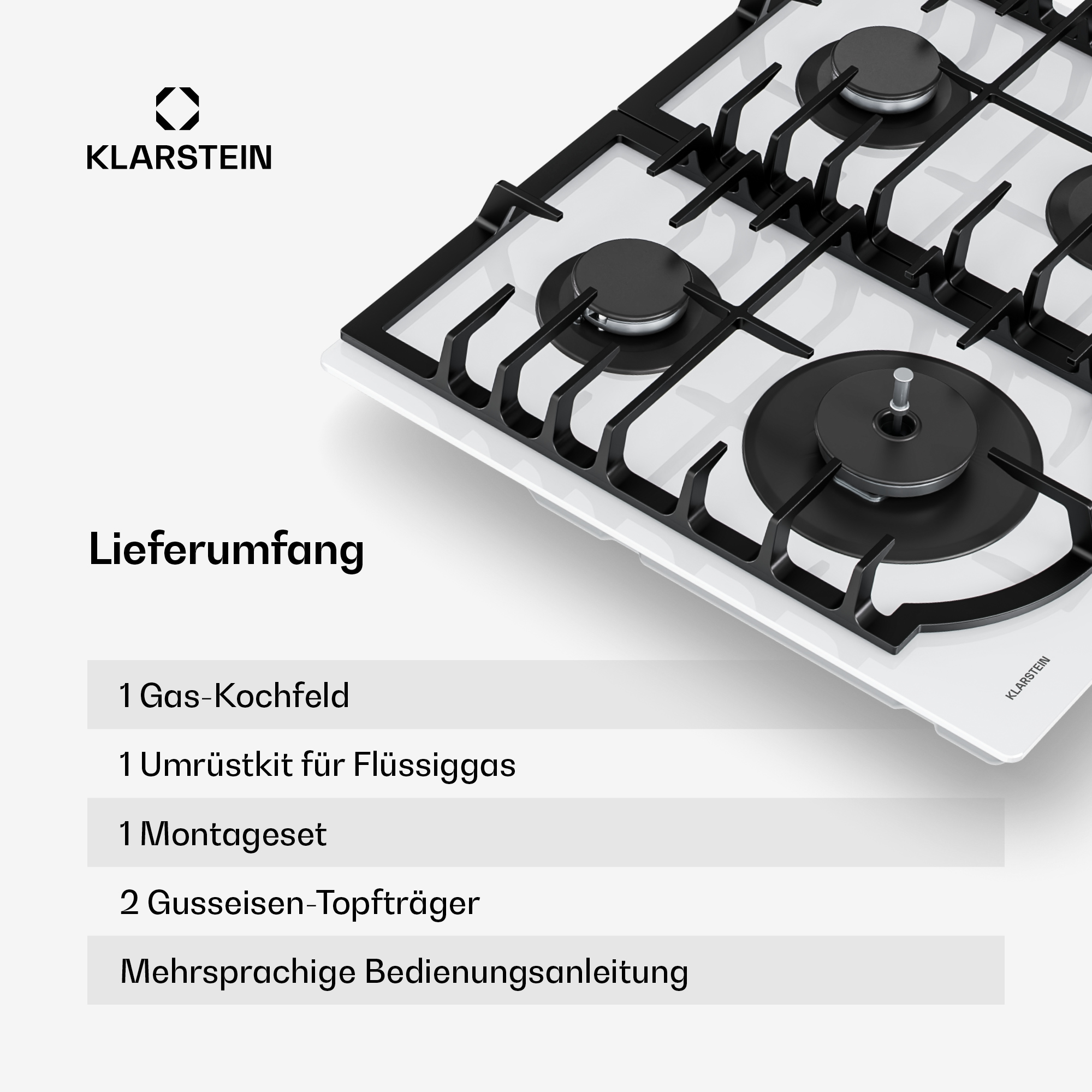 Gaskochfeld mit schwarzen Brennern und Rosten auf weißer Oberfläche. Klarstein-Logo sichtbar.