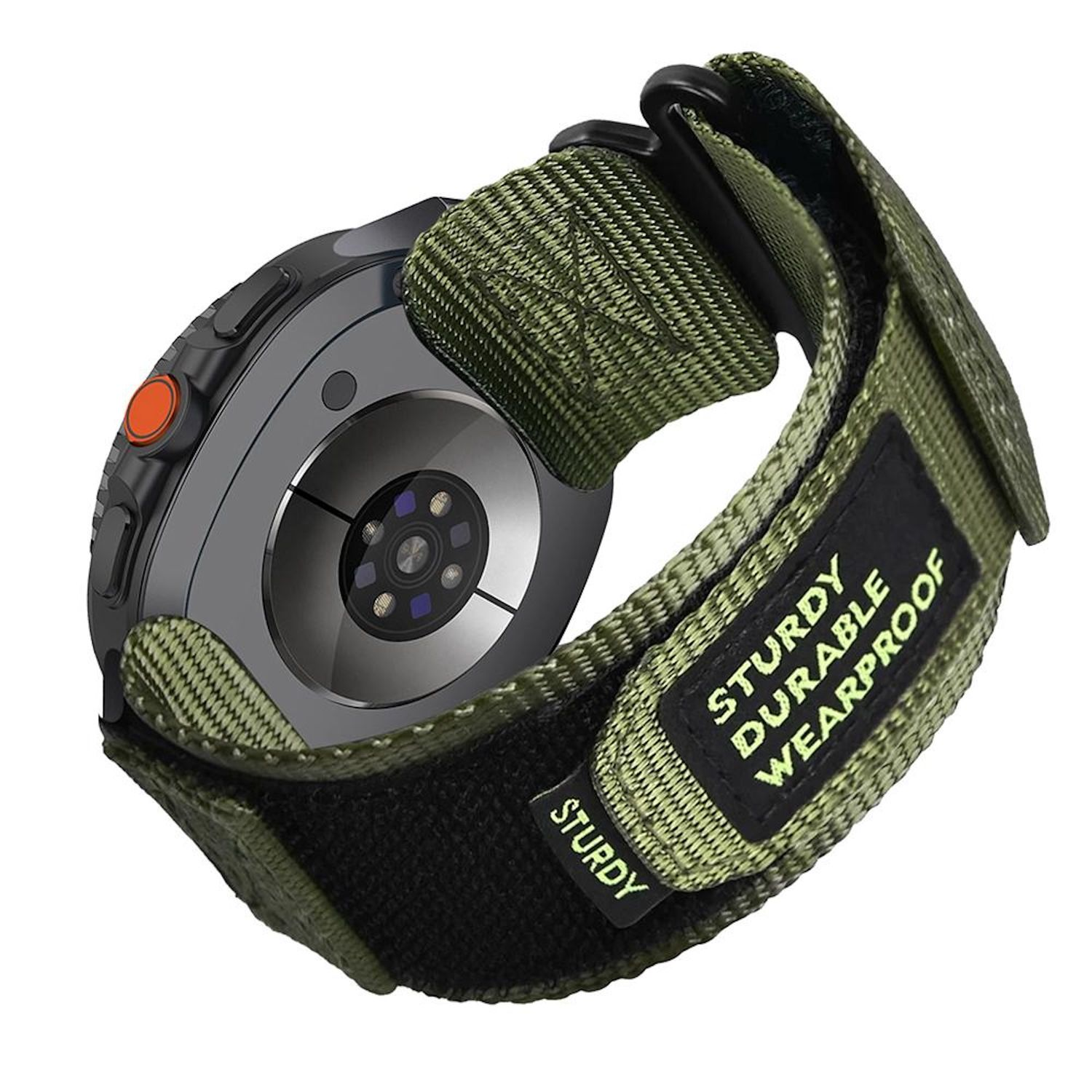 Smartwatch mit grünem Armband. Auf dem Armband steht 'STURDY DURABLE WEARPROOF'. Die Uhr hat einen orangefarbenen Knopf.