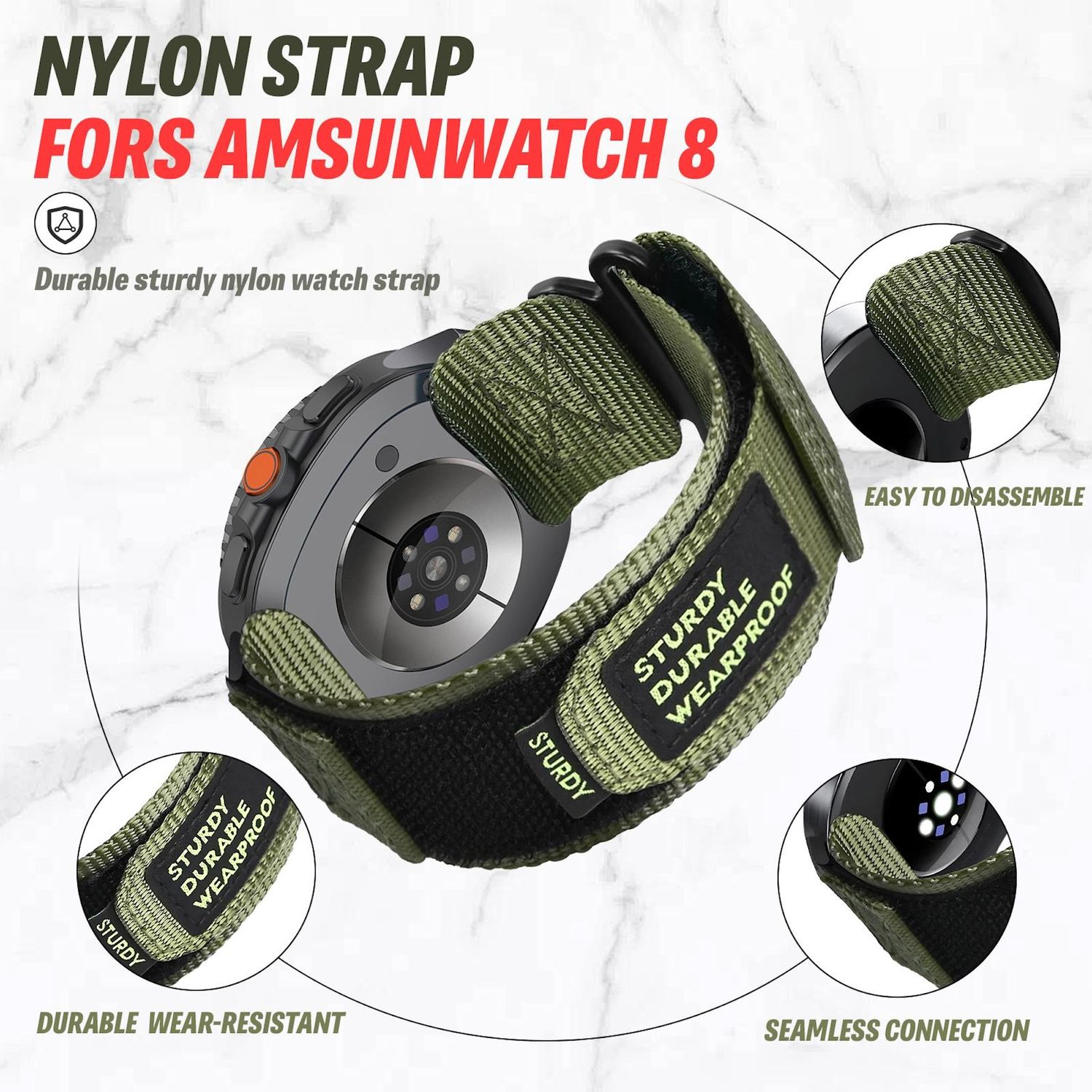 Grünes Nylon-Uhrenarmband mit schwarzer Uhr. Text lautet 'Nylon Strap', 'Fors Amsunwatch 8' und 'Sturdy Durable Wearproof'.