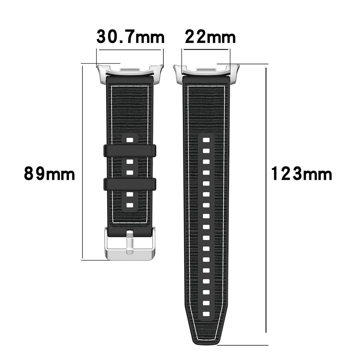 Zwei Armbänder mit Maßen: 89mm x 30,7mm und 123mm x 22mm. Die Armbänder sind schwarz mit weißen Nähten und einer silbernen Schnalle.