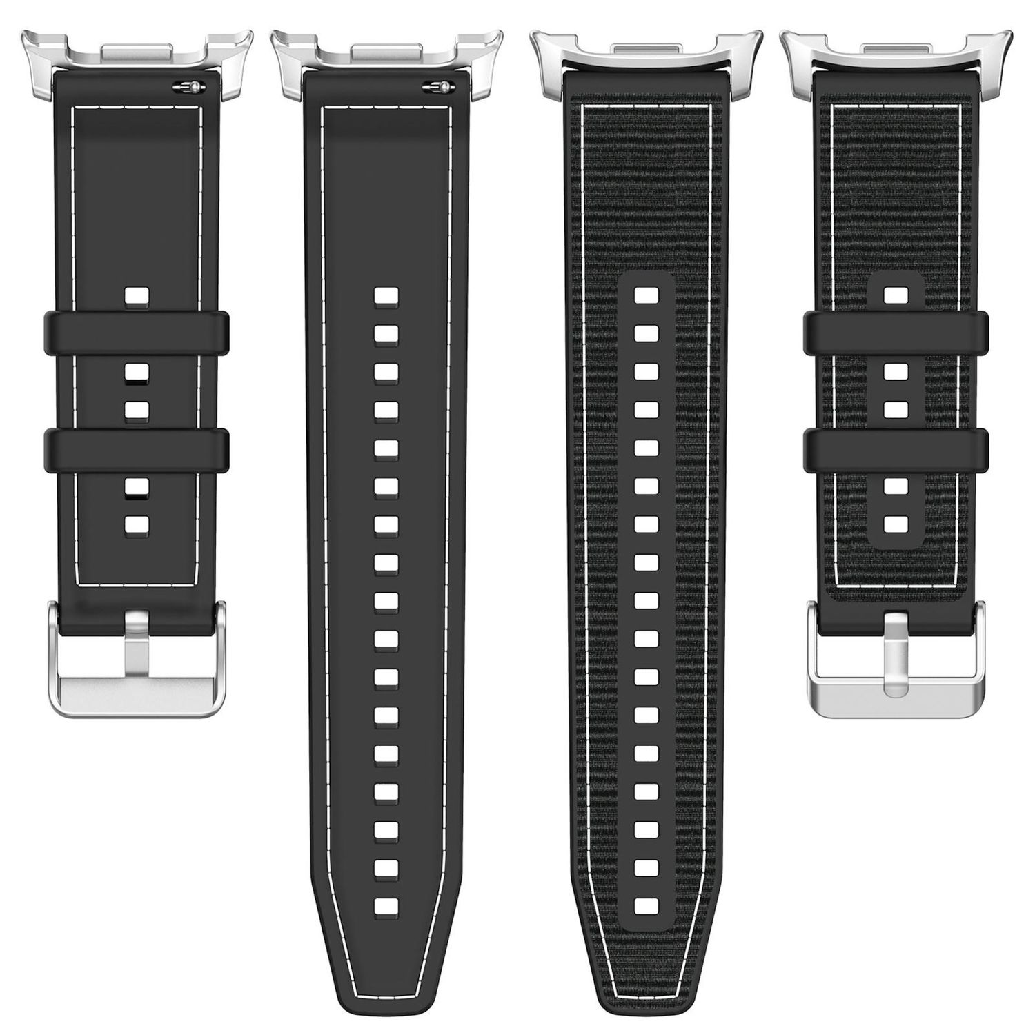 Vier schwarze Uhrenarmbänder mit weißen Nähten. Zwei haben eine solide Textur, zwei eine gewebte Textur. Jedes hat eine silberne Schnalle.