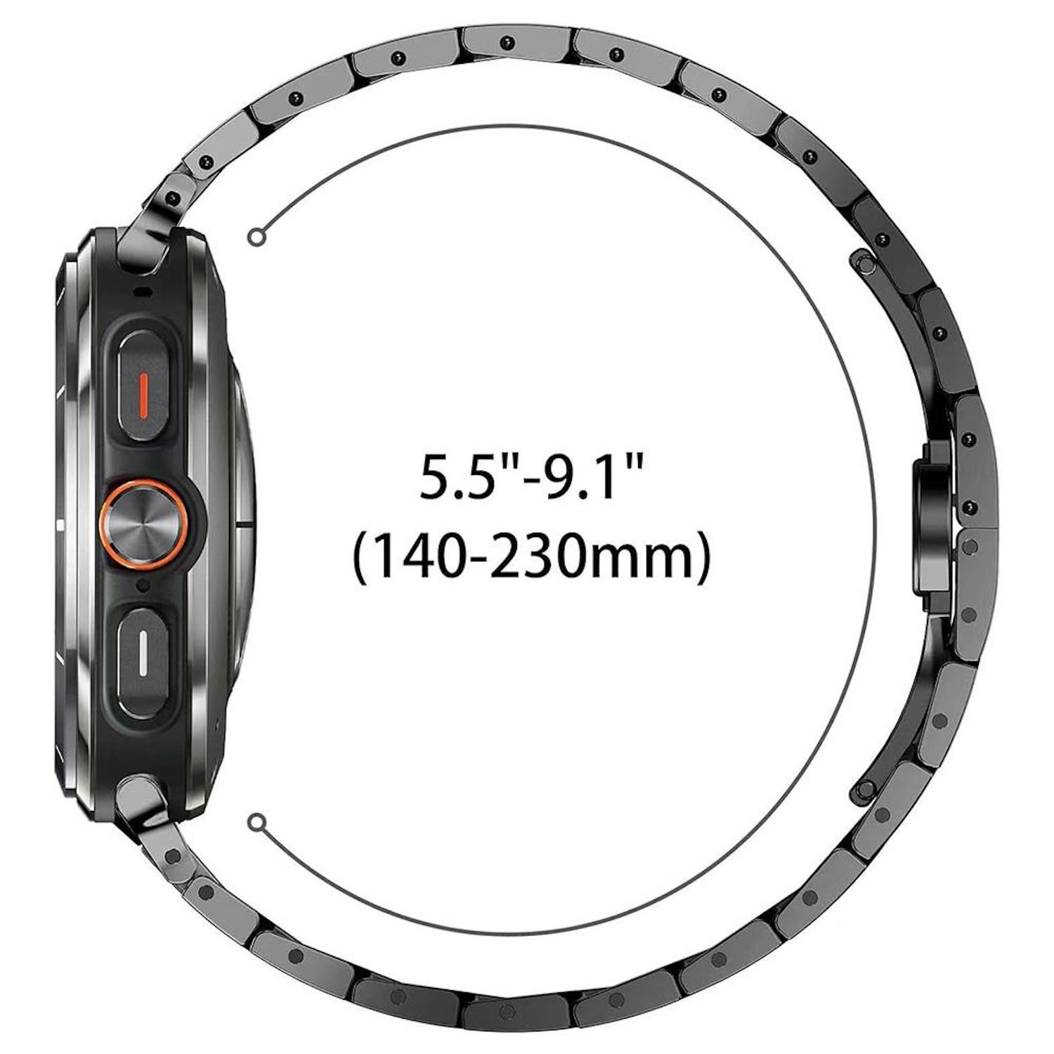 Uno smartwatch nero con cinturino metallico è mostrato in un layout circolare. Il testo mostra l'intervallo di dimensioni: 5,5"-9,1" (140-230 mm).