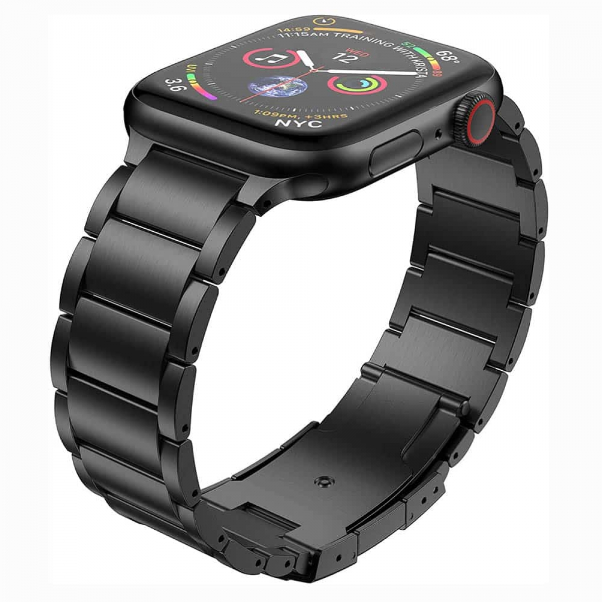 Schwarze Apple Watch mit schwarzem Metallarmband. Die Uhr zeigt Zeit, Wetter und Aktivitätsinformationen. Der Hintergrund ist weiß.