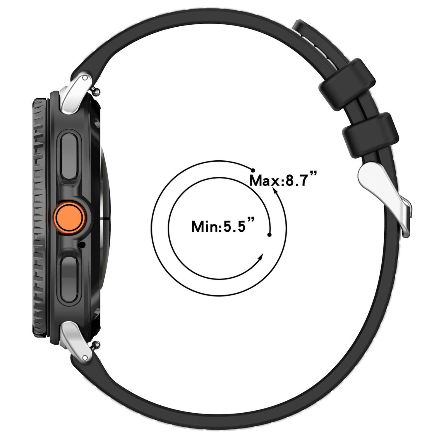 Vista laterale di uno smartwatch nero con cinturino nero. Un diagramma circolare mostra una gamma di dimensioni da 5,5" a 8,7".