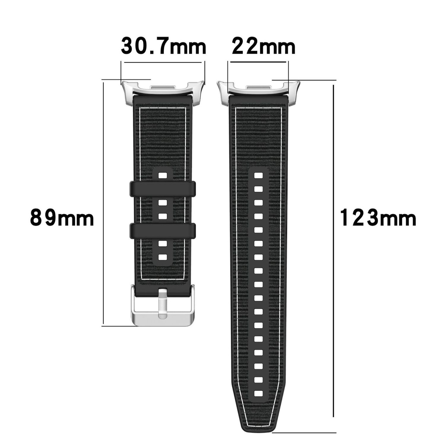 Due cinturini con misure: 30,7 mm, 89 mm, 22 mm e 123 mm. Uno è più corto, l'altro più lungo con fori.