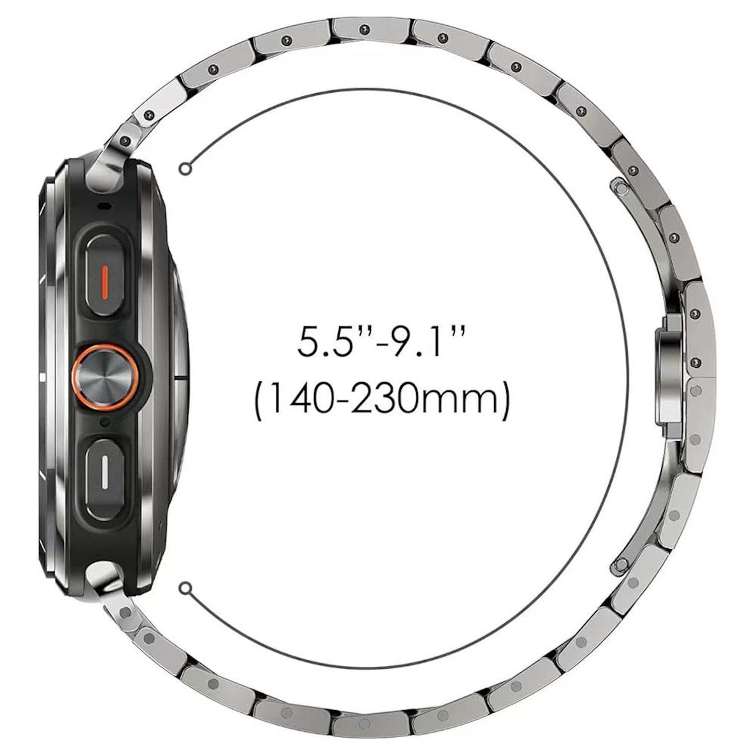 Eine schwarze Smartwatch mit silbernem Armband wird gezeigt. Eine gekrümmte Linie zeigt den Größenbereich: 5,5-9,1" (140-230mm).