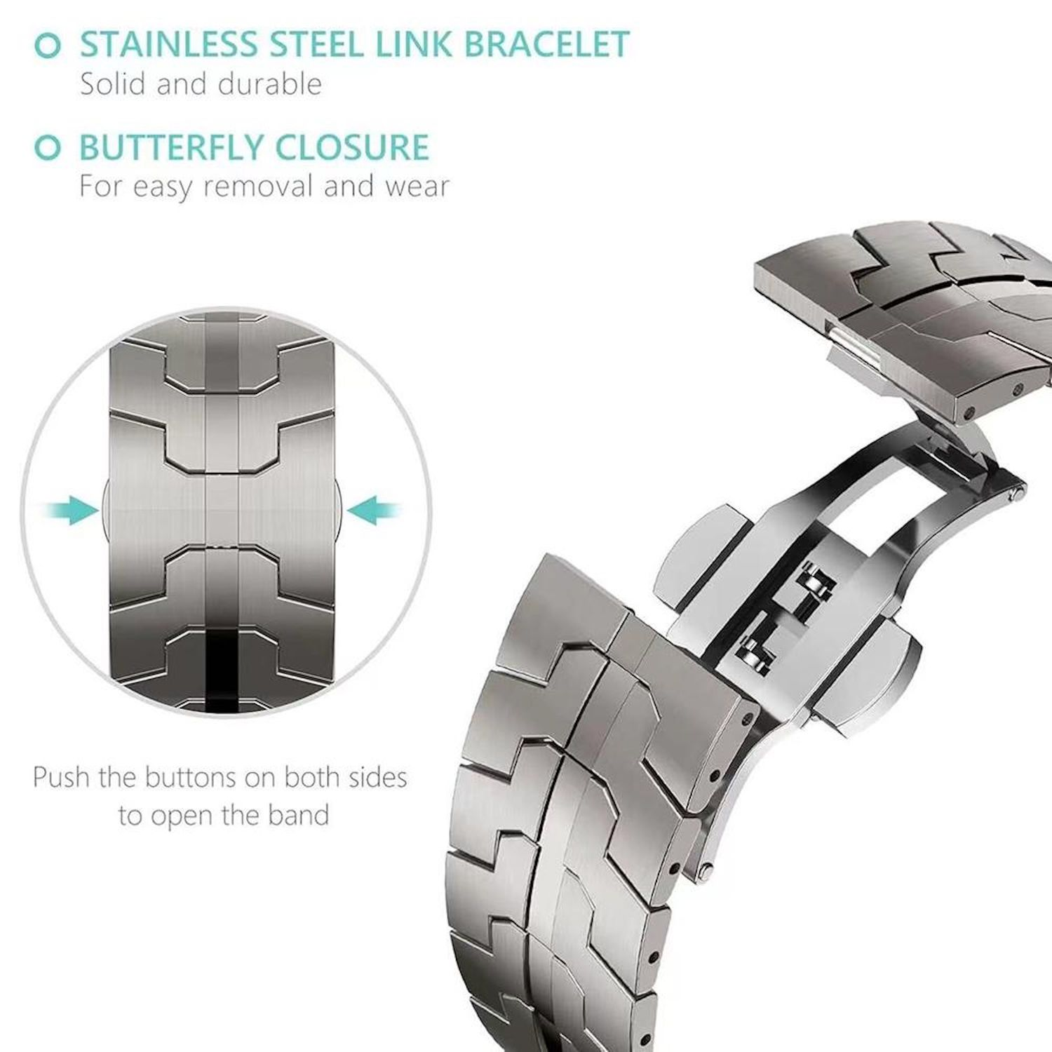 Ein Edelstahl-Armband mit Butterfly-Verschluss. Text beschreibt einfache Entfernung und Tragekomfort. Pfeile zeigen auf den Öffnungsmechanismus.