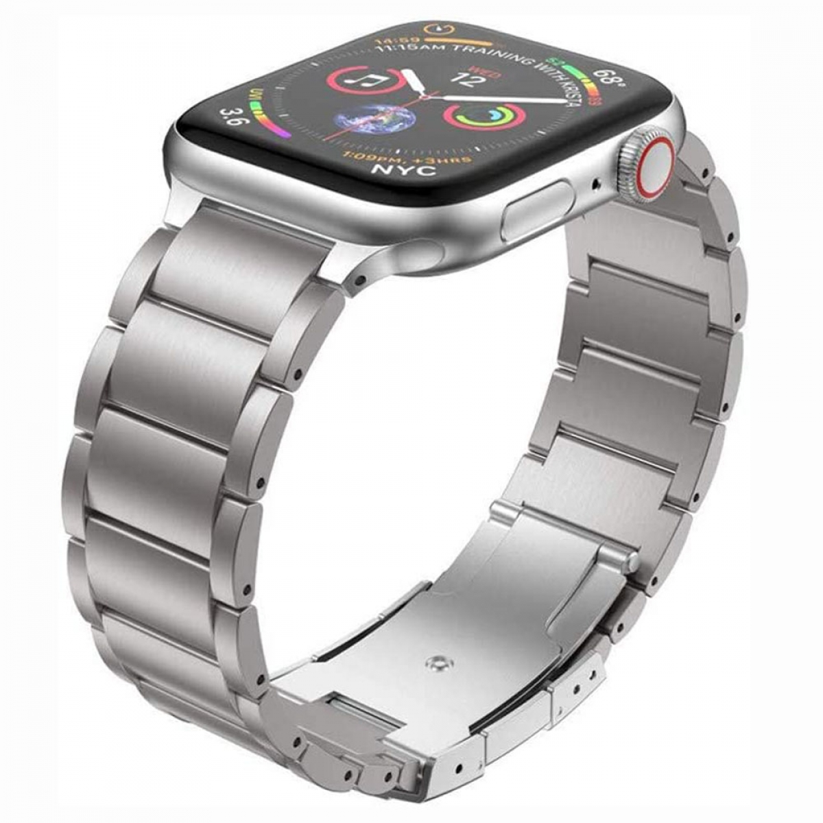 Silberne Smartwatch mit Metallband. Das Display zeigt Uhrzeit und Apps an. Das Band ist geöffnet. Die Uhr hat einen roten Knopf.