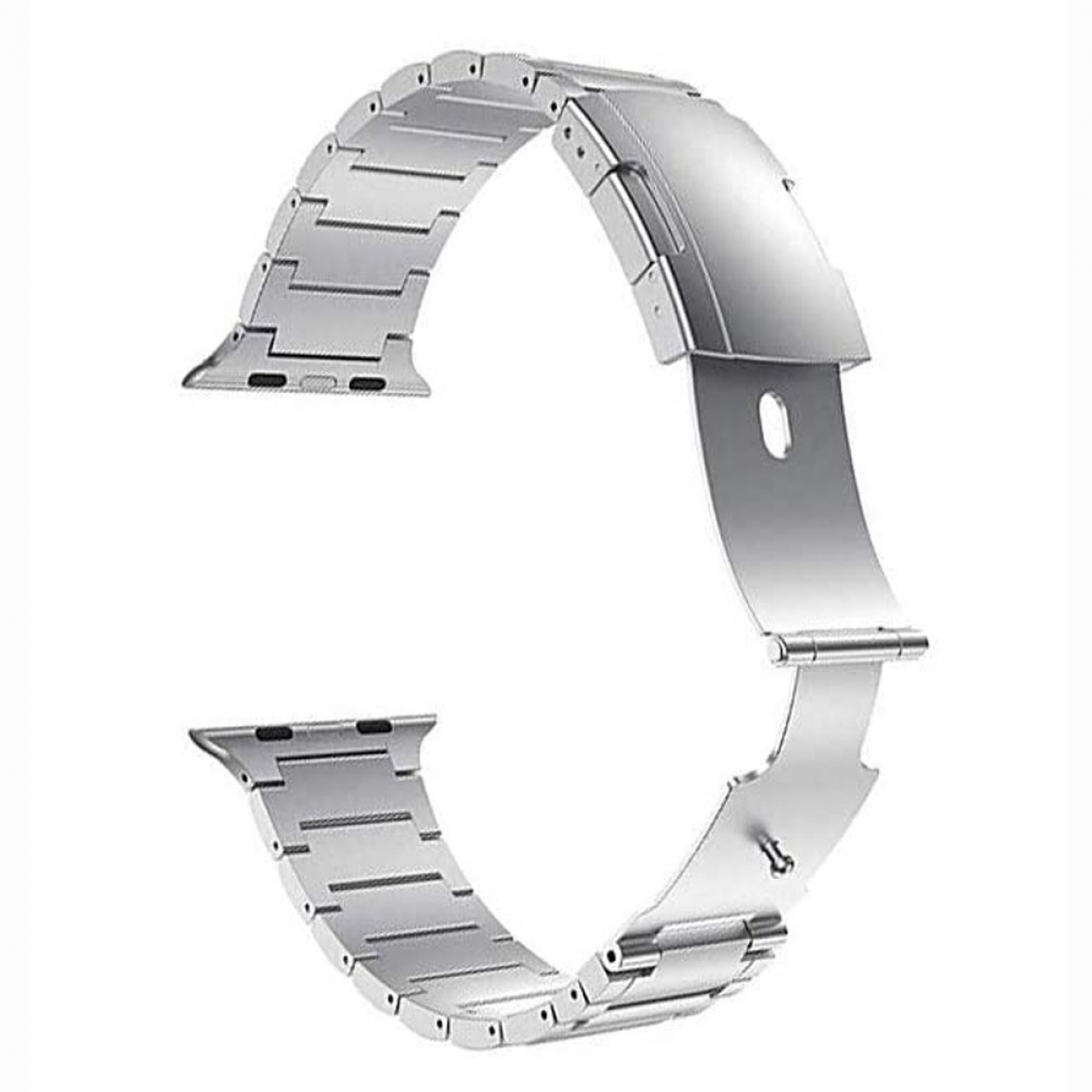 Ein silbernes Metall-Uhrenarmband, gebogen und offen. Es hat einen Verschluss und befindet sich vor weißem Hintergrund.