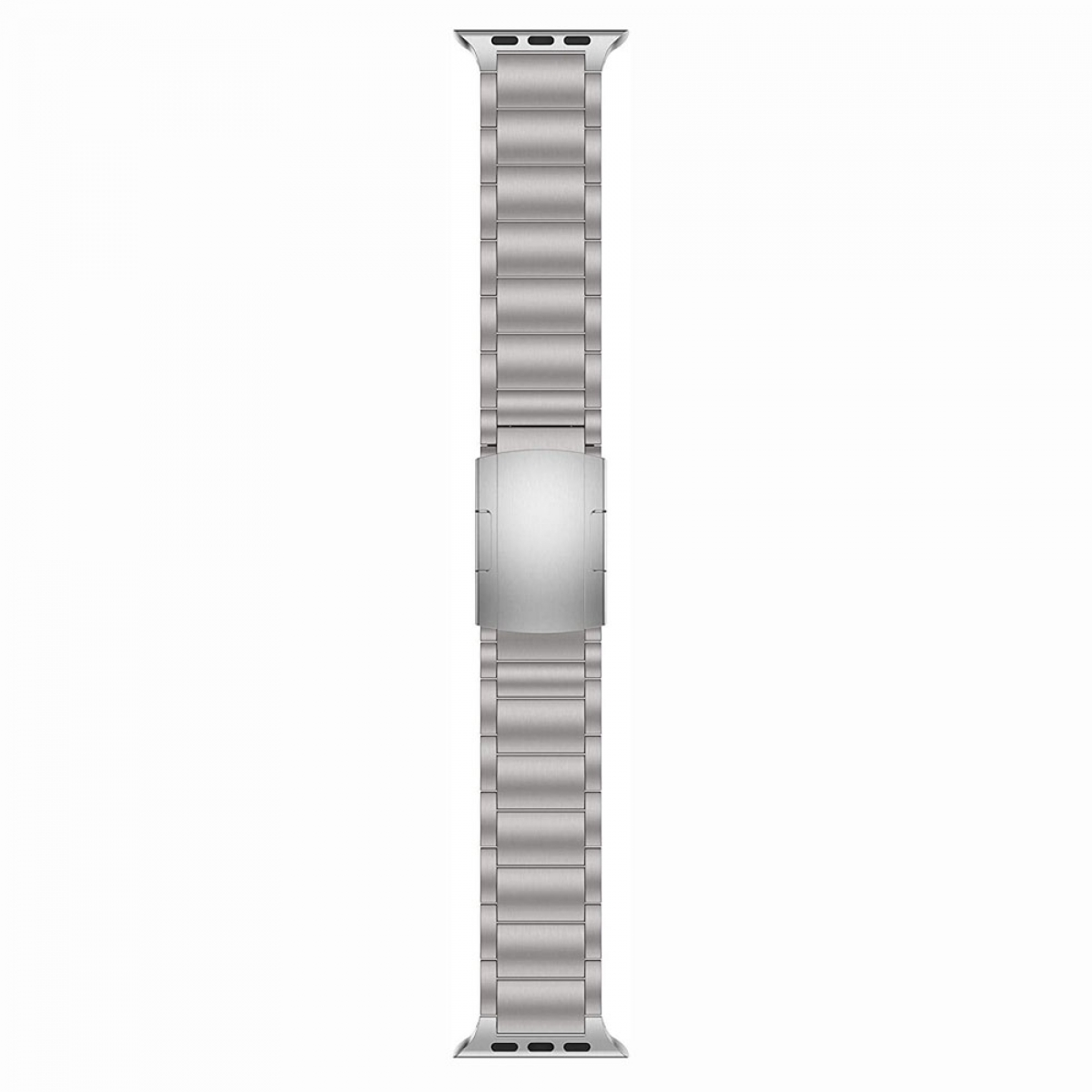 Ein silbernes Metall-Uhrenarmband, gerade und zentriert. Es hat einen Verschluss in der Mitte und Anschlüsse an beiden Enden. Der Hintergrund ist weiß.