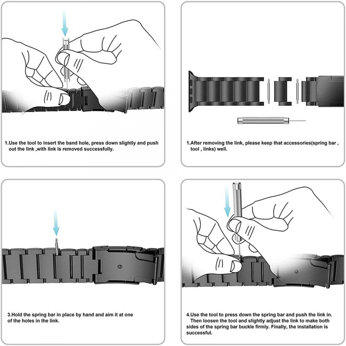 Anweisungen zum Entfernen und Installieren eines Uhrenarmbandglieds mit einem Werkzeug. Enthält Diagramme mit Händen und Uhrenarmband.