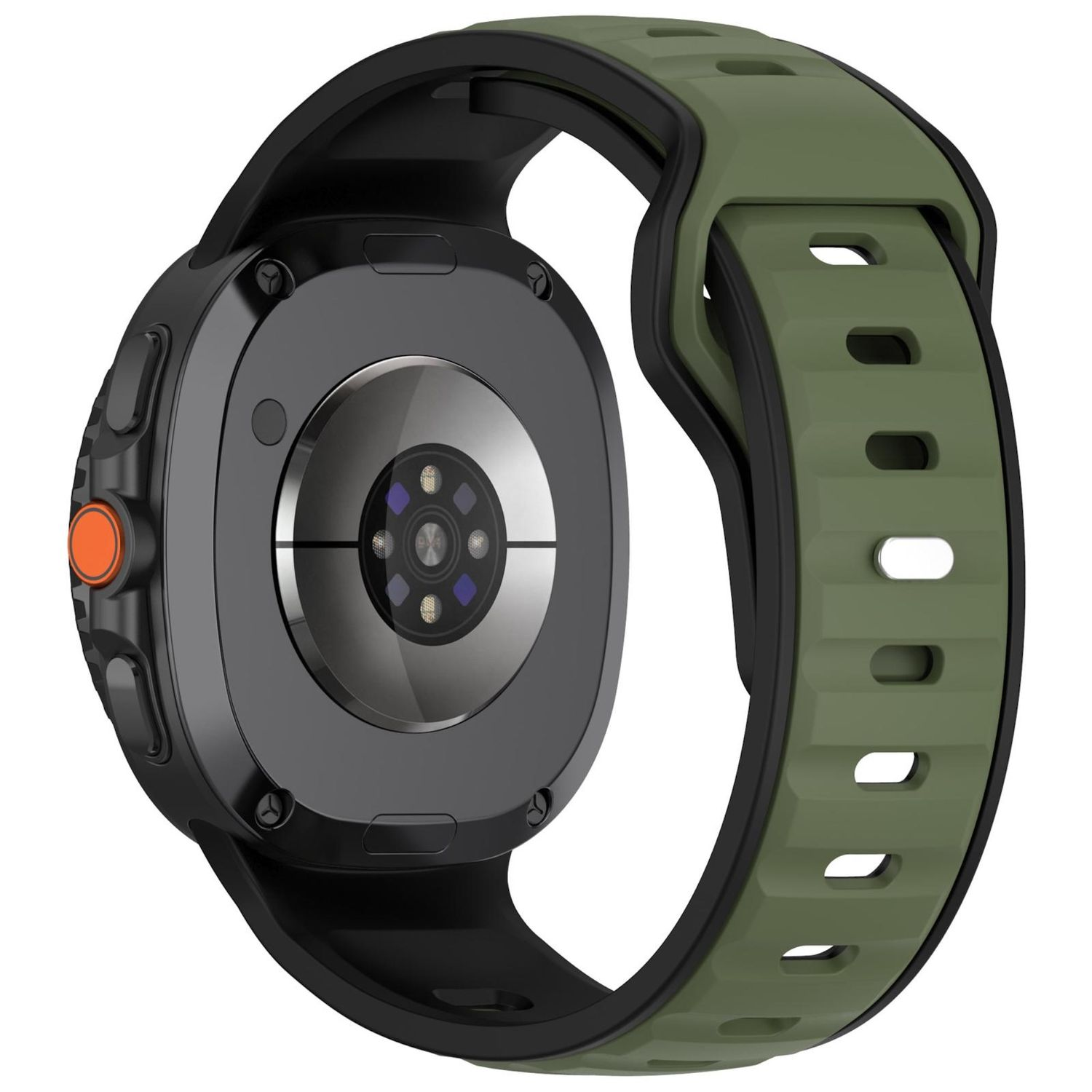 Eine Smartwatch mit schwarzem Gehäuse und grünem Armband, die Rückseite zeigt Sensoren. Auf der Seite ist eine orangefarbene Taste zu sehen.