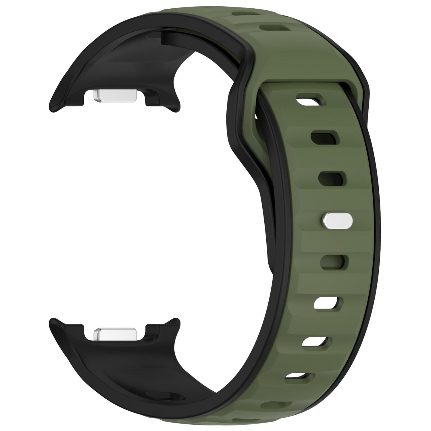 Ein Uhrenarmband in Olivgrün und Schwarz. Es hat ein gebogenes Design mit mehreren Löchern entlang des Bandes.