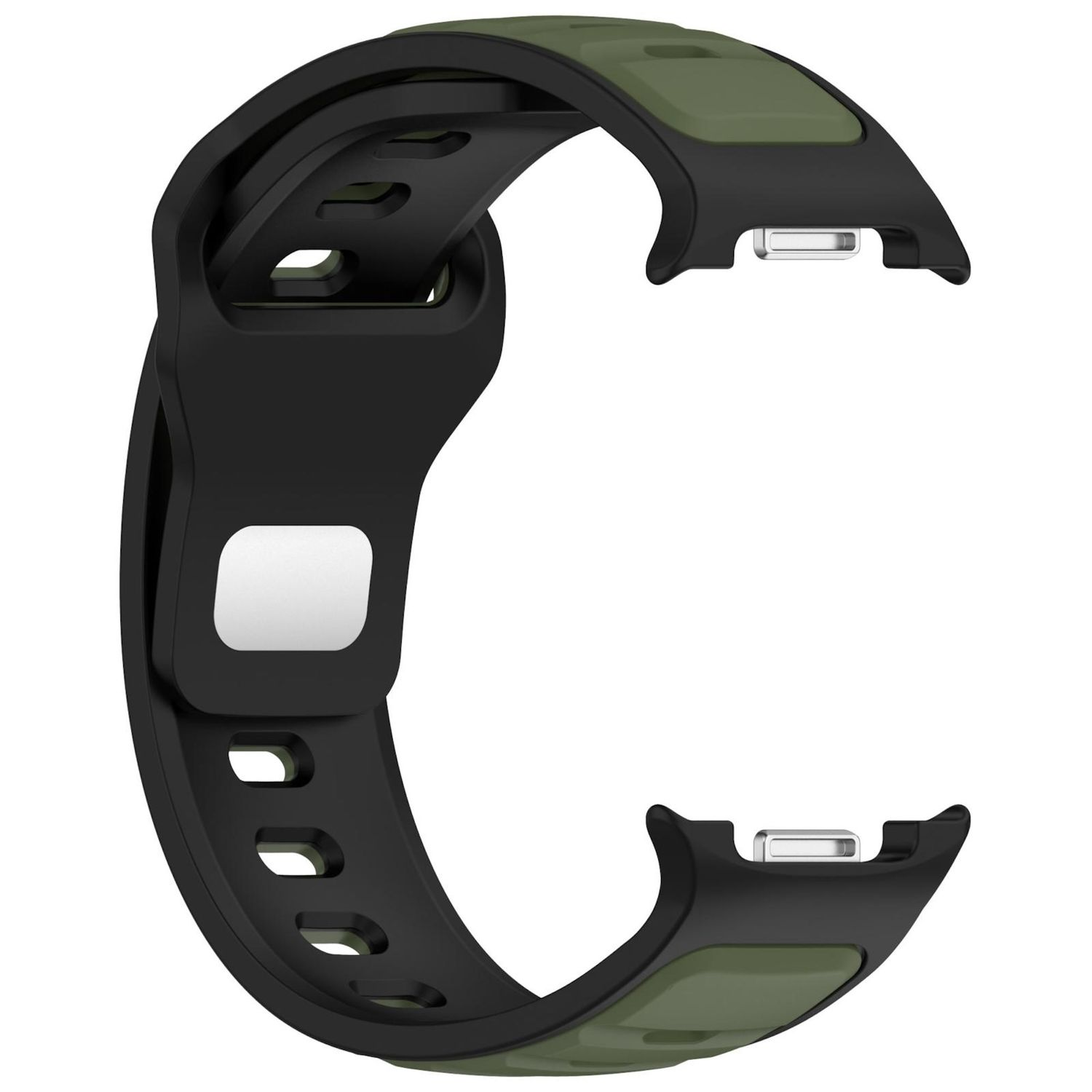 Schwarzes und olivgrünes Uhrenarmband. Das Band ist gebogen mit einem rechteckigen weißen Element und ein paar kleinen Löchern.