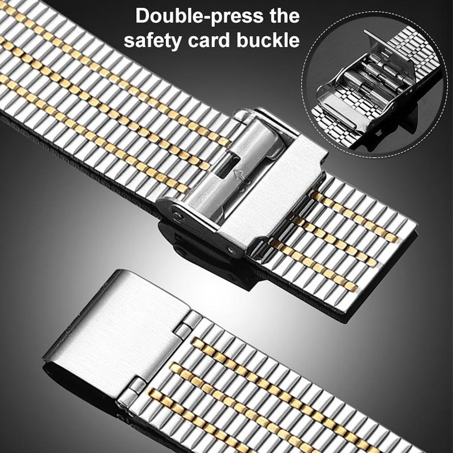 Nahaufnahme eines Metallarmbands. Das Armband hat silberne und goldene Glieder. Der Verschluss ist offen, und das Bild hat eine Abbildung rechts oben.