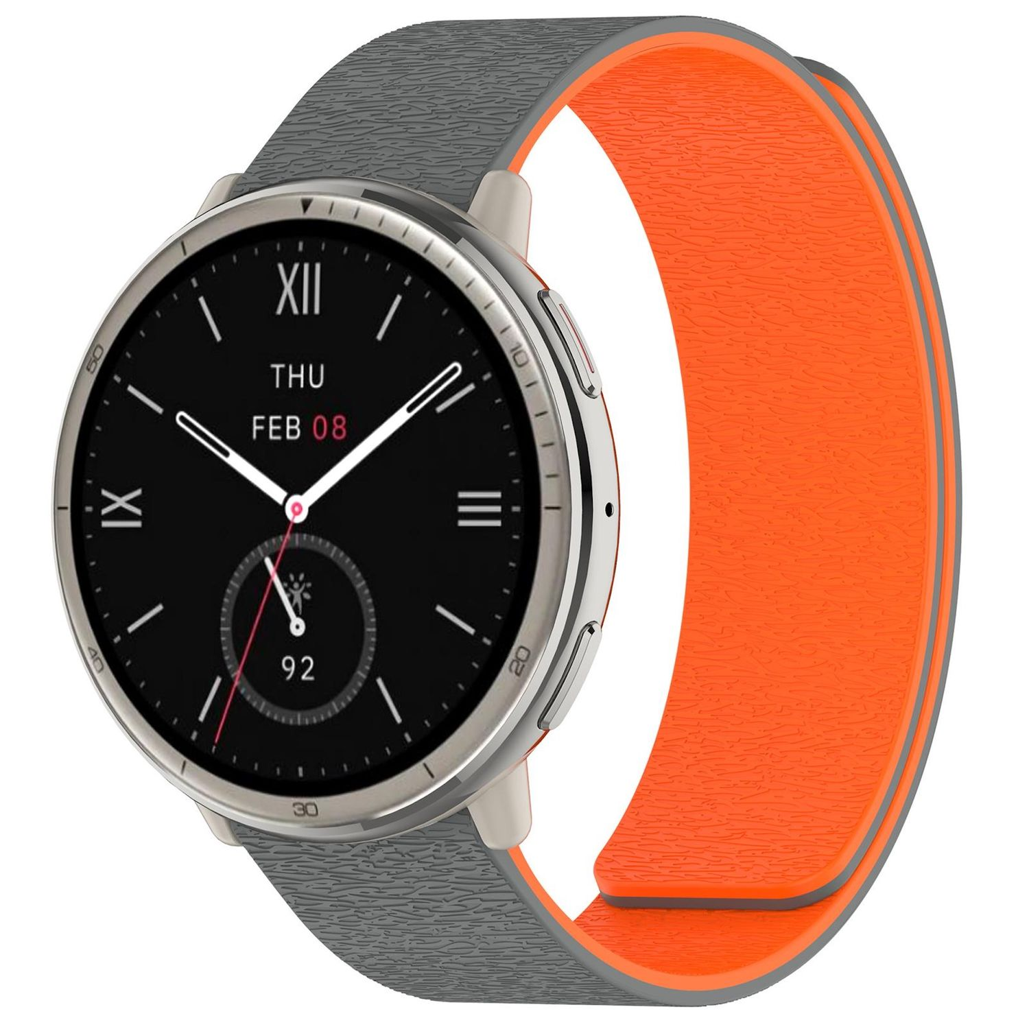 Eine Smartwatch mit schwarzem Zifferblatt, das das Datum anzeigt. Das Armband ist grau mit orangefarbenem Innenfutter.