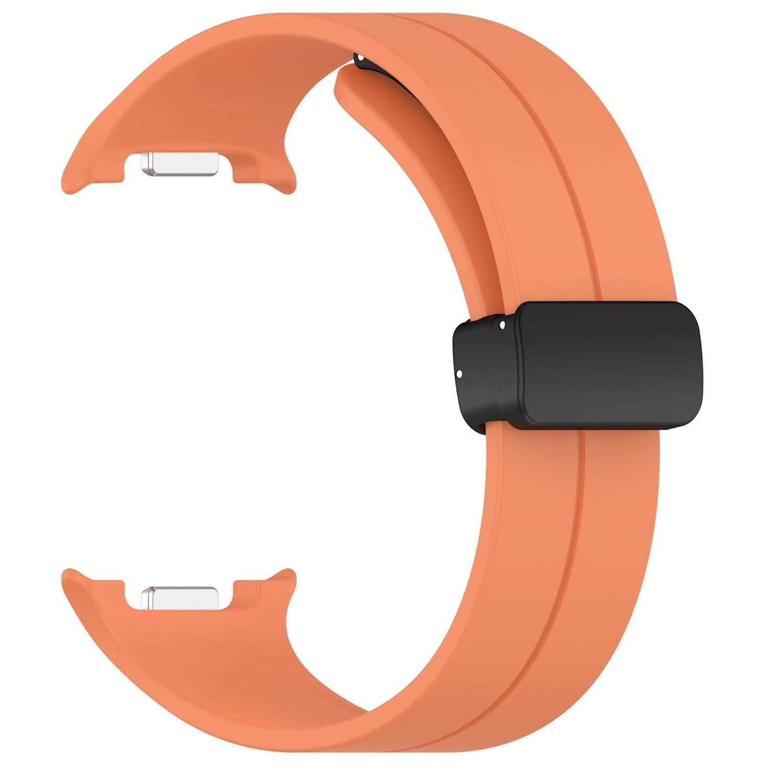 Ein orangefarbenes Uhrenarmband mit schwarzem Verschluss. Das Armband ist gebogen und hat Metallanschlüsse an den Enden.