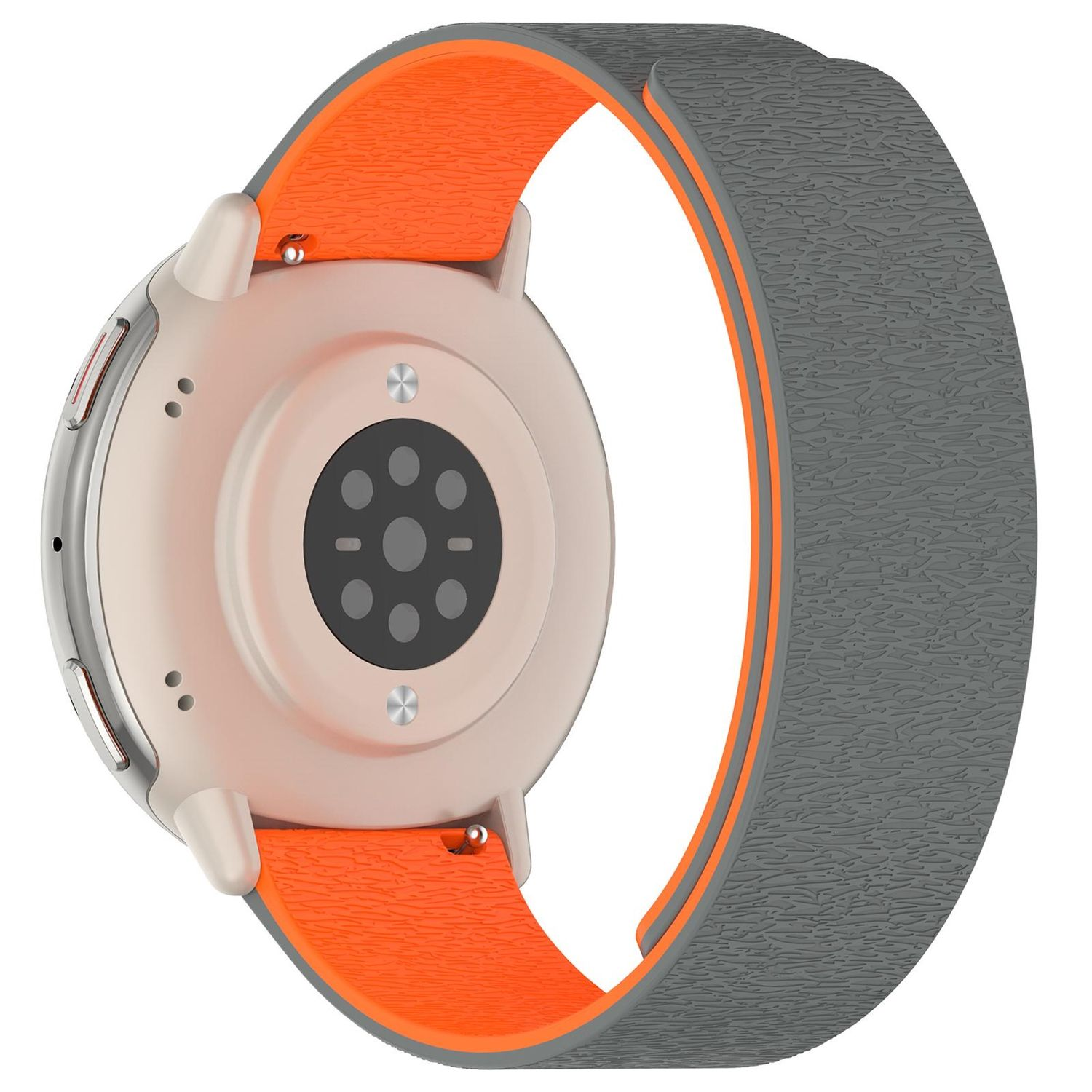 Eine Smartwatch mit grauem Armband und orangefarbenem Innenraum. Die Uhr ist beige und hat einen schwarzen Sensor auf der Rückseite. Das Armband ist gebogen.