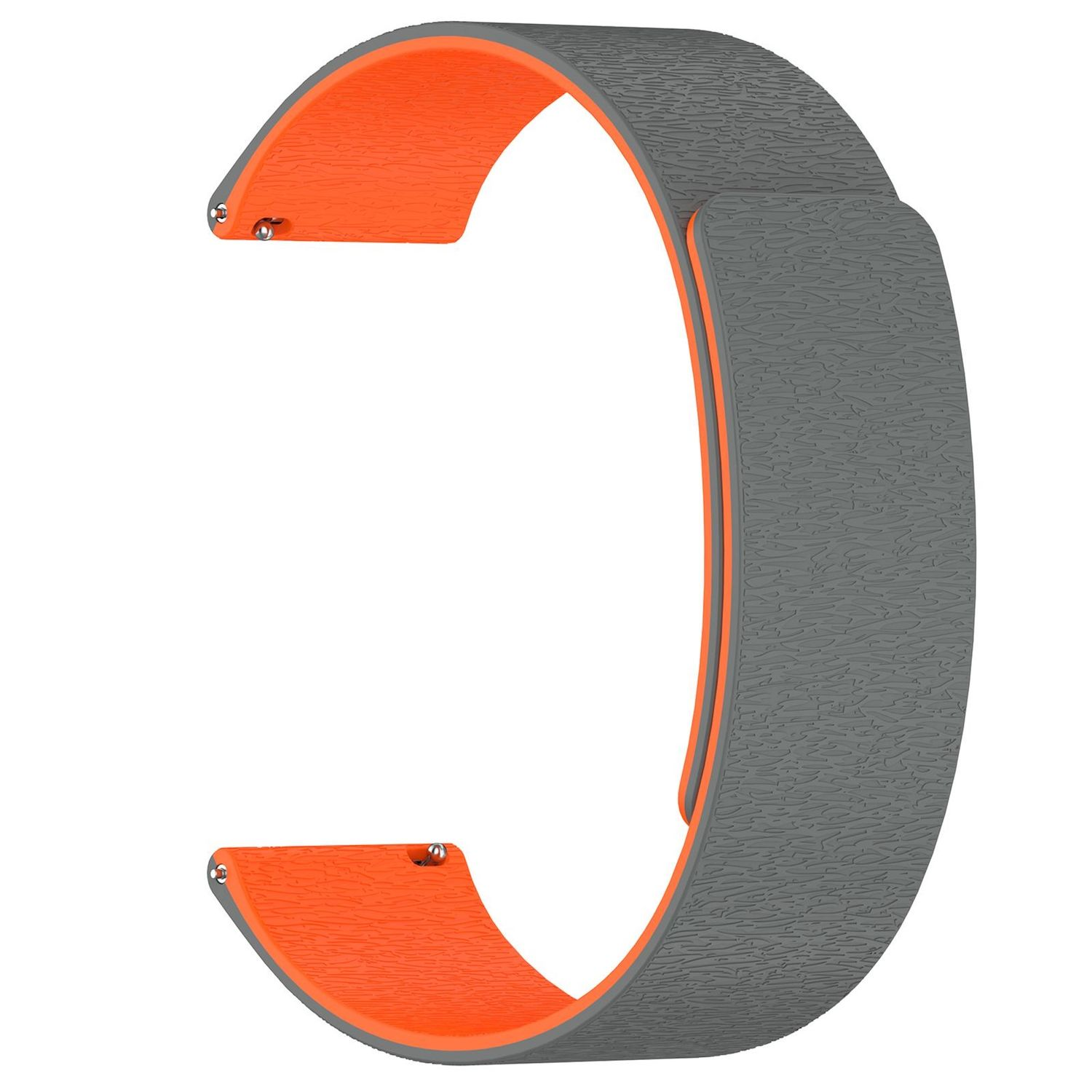 Ein gebogenes Uhrenarmband mit orangefarbenem Innen- und grauem Außenbereich. Das Band hat eine strukturierte Oberfläche und silberne Stiftbefestigungen.