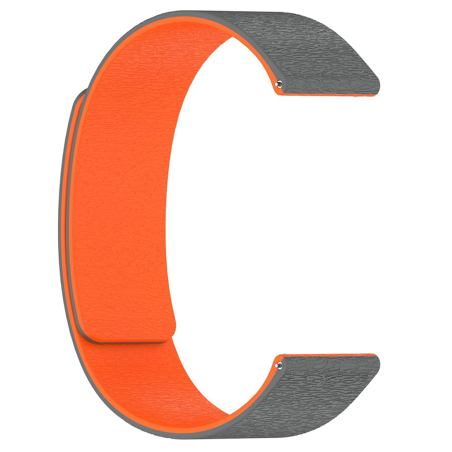 Ein orangefarbenes und graues Uhrenarmband in Form eines C. Das Armband hat eine strukturierte Oberfläche und Metallbeschläge sind sichtbar.