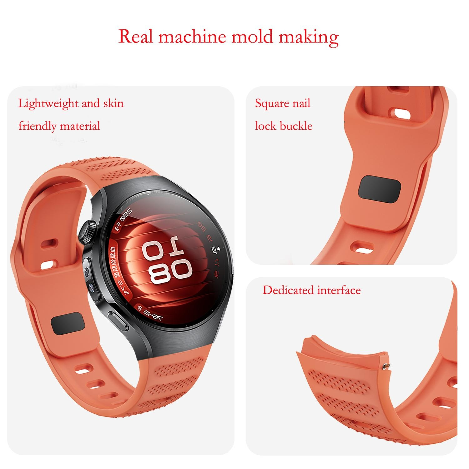 Eine orangefarbene Smartwatch mit schwarzem Bildschirm zeigt die Uhrzeit an. Sie hat ein passendes orangefarbenes Armband.