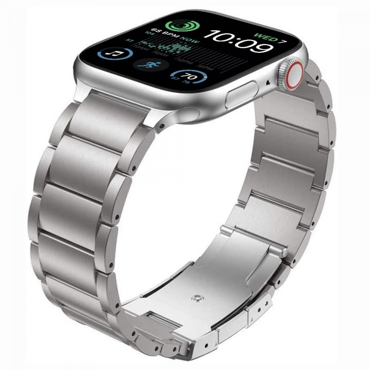 Eine silberne Smartwatch mit Metallarmband, die Zeit und Gesundheitsdaten anzeigt. Die Uhr zeigt 10:09 und andere Daten auf dem Bildschirm.