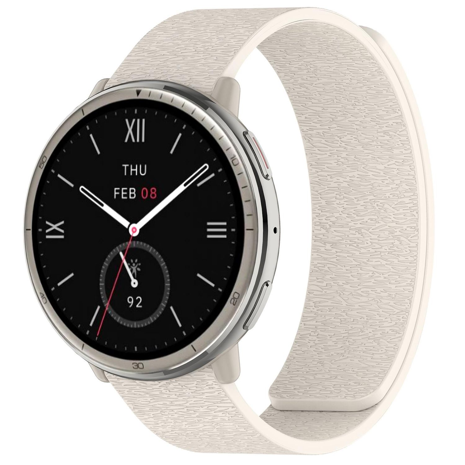 Eine silberne Smartwatch mit weißem, gemustertem Armband. Das Zifferblatt ist schwarz mit weißen Zeigern und Zahlen. Das Datum ist der 8. Februar.