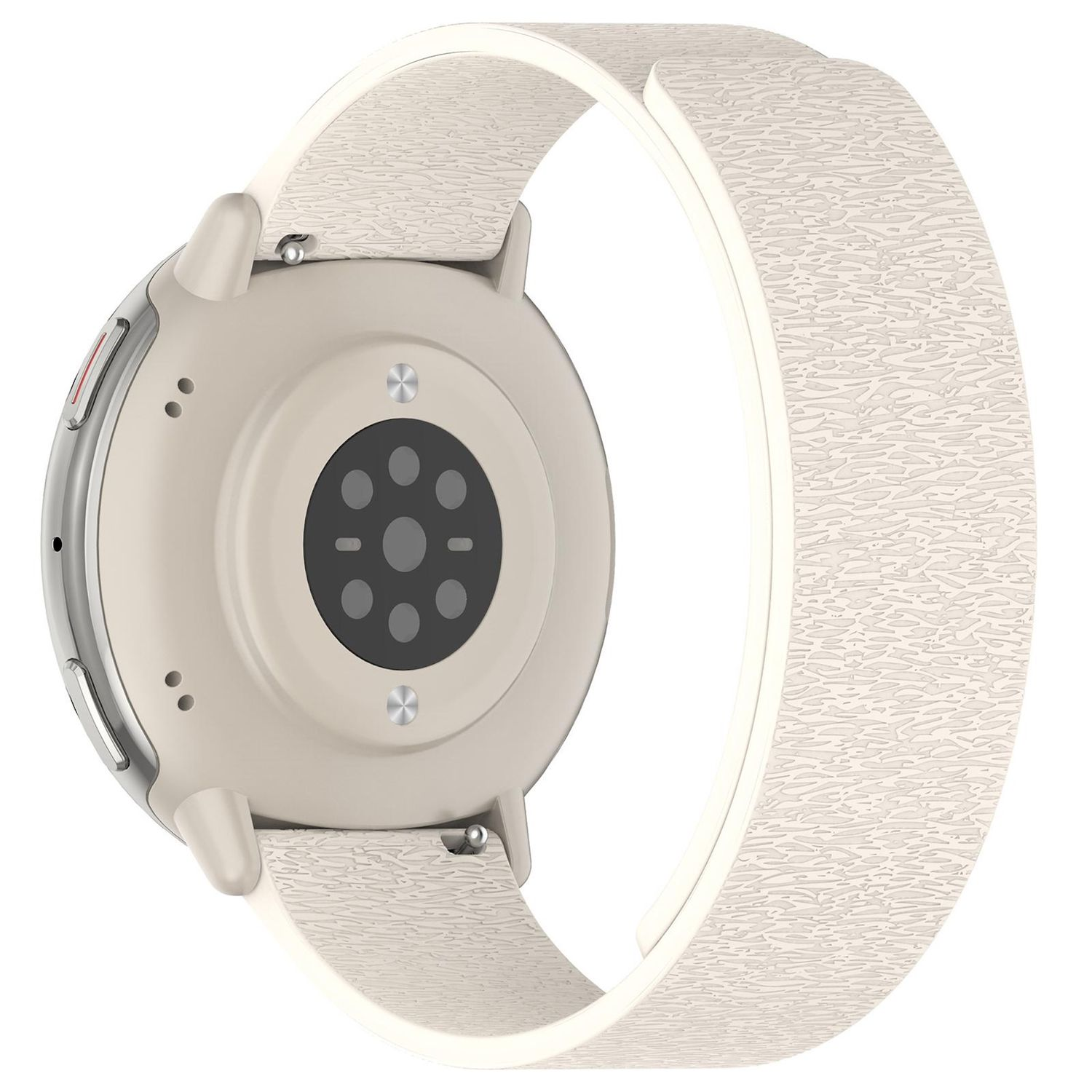 Eine cremefarbene Smartwatch mit strukturiertem Armband wird gezeigt. Die Rückseite der Uhr hat Sensoren und Details. Das Band ist abgenommen.