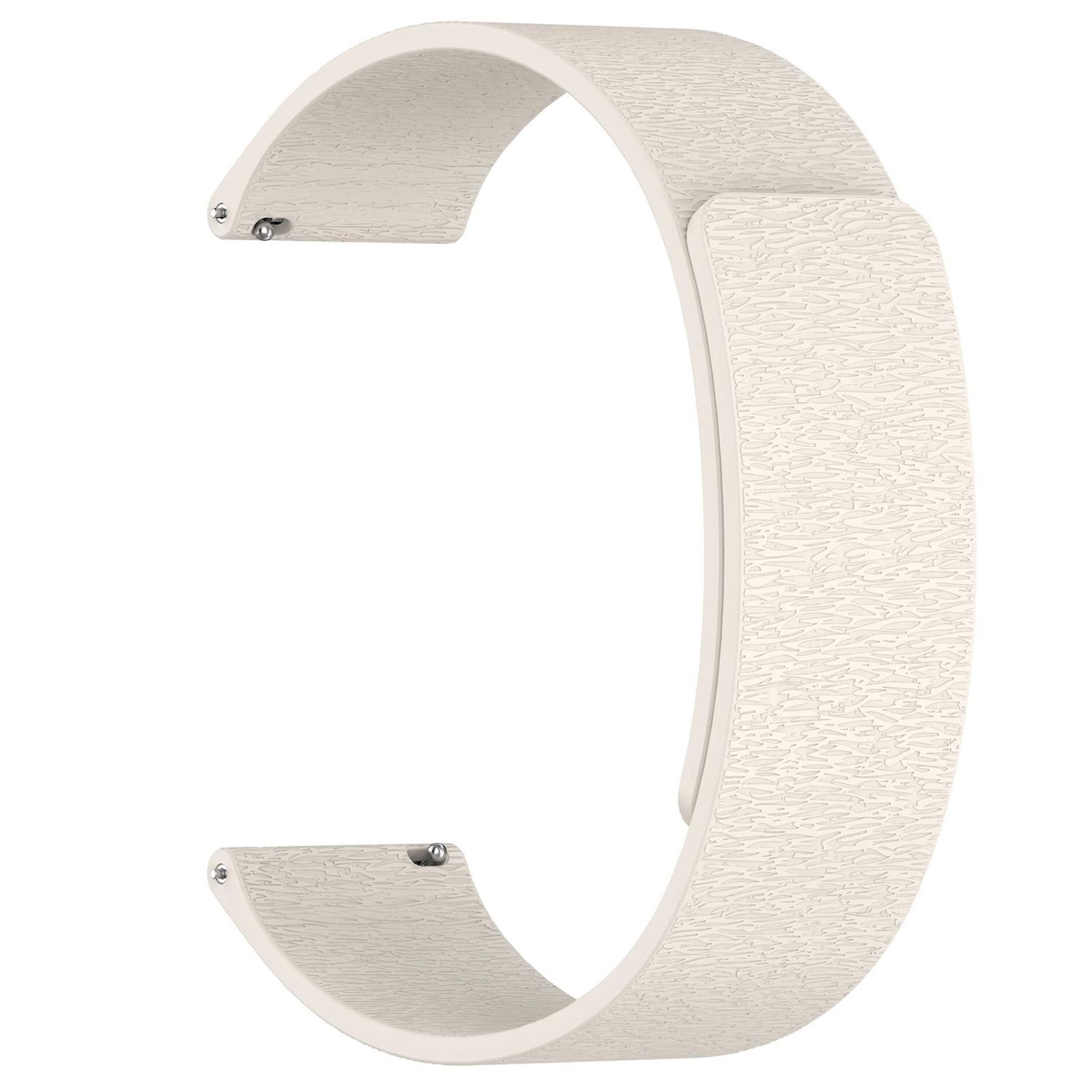 Ein cremefarbenes Armband mit strukturierter Oberfläche. Es hat zwei gebogene Enden mit Metallstiften und einen rechteckigen Verschluss.