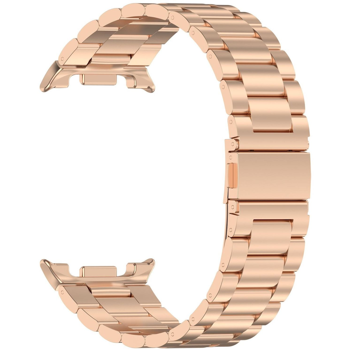 Roségoldenes Metall-Uhrenarmband. Das Armband ist gebogen und zeigt die Glieder und Verbinder in einer Nahaufnahme, auf weißem Hintergrund.