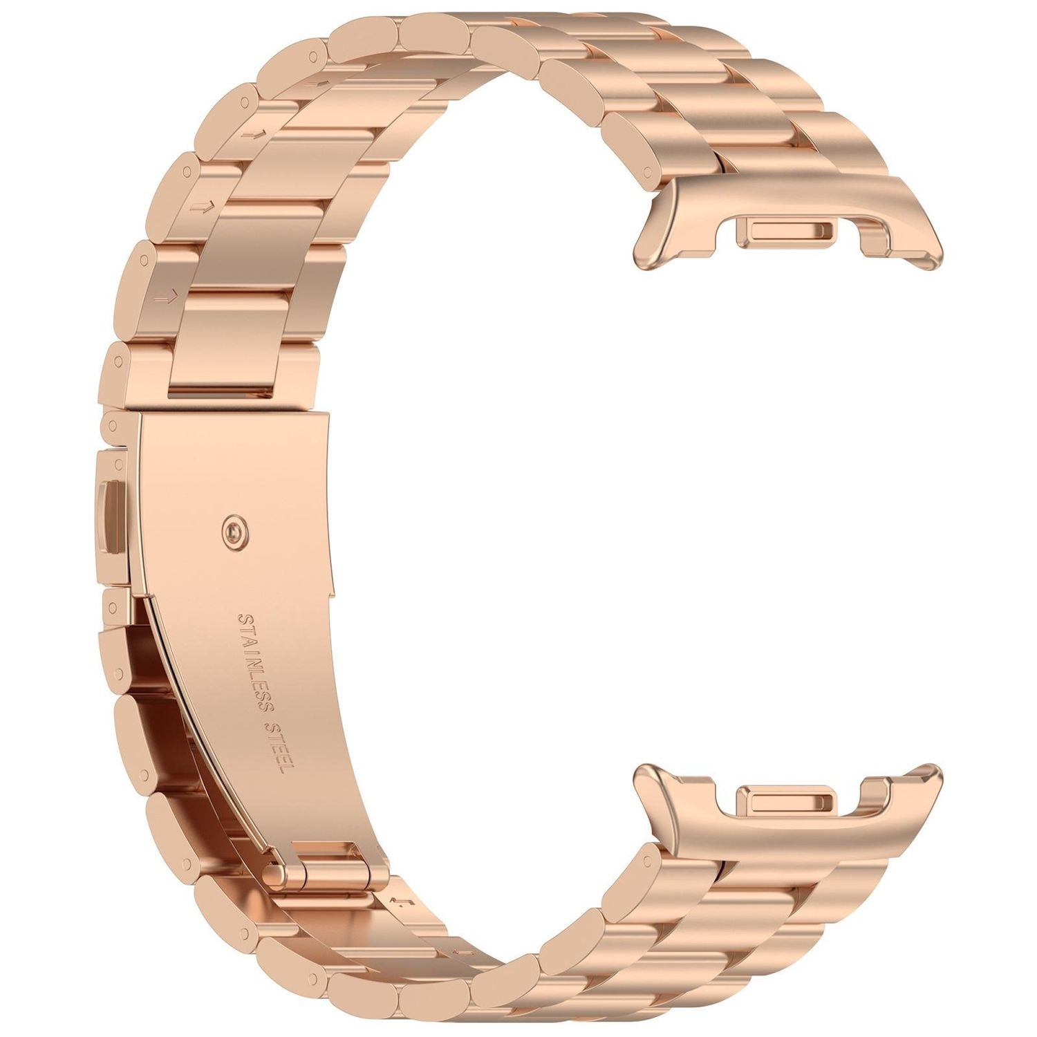 Ein roségoldenes Edelstahl-Uhrenarmband liegt auf einer weißen Oberfläche. Das Armband ist gebogen und hat einen Verschluss mit der Aufschrift 'Edelstahl'.