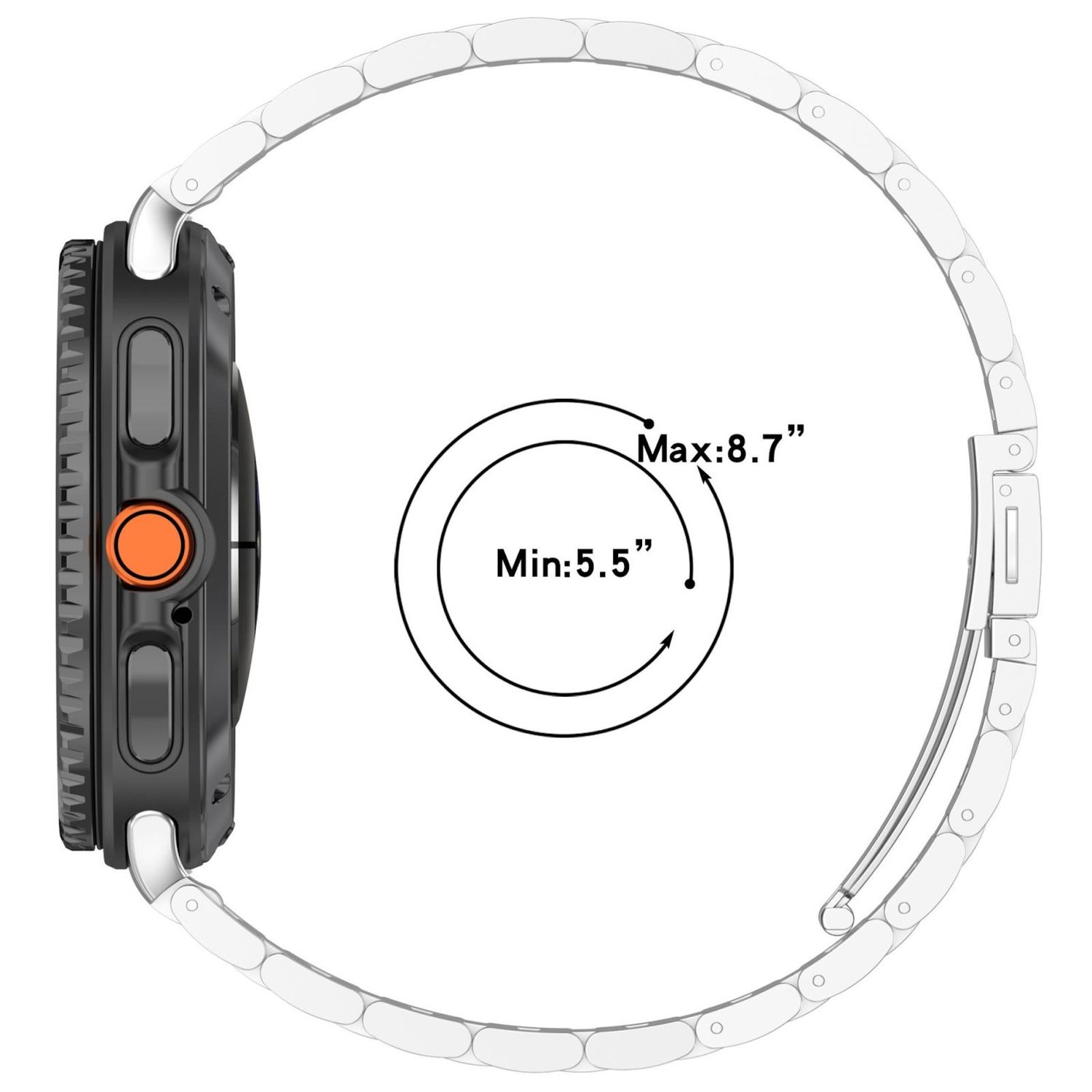 Eine schwarze Smartwatch mit silbernem Armband wird gezeigt. Ein Diagramm zeigt einen Bandgrößenbereich von 5,5" bis 8,7" an.
