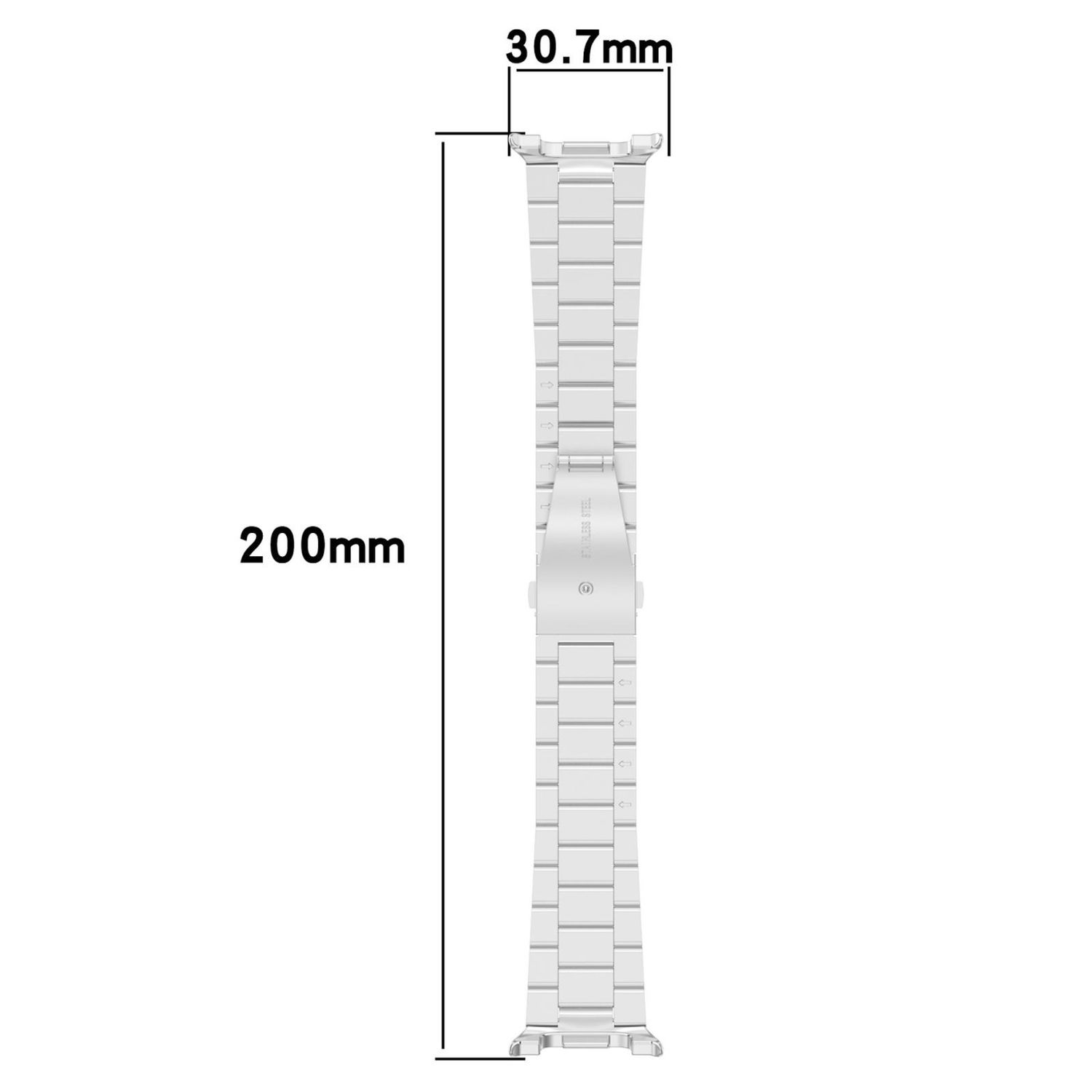 Ein weißes Edelstahl-Uhrenarmband, 200 mm lang und 30,7 mm breit, vor weißem Hintergrund. Maße werden angezeigt.
