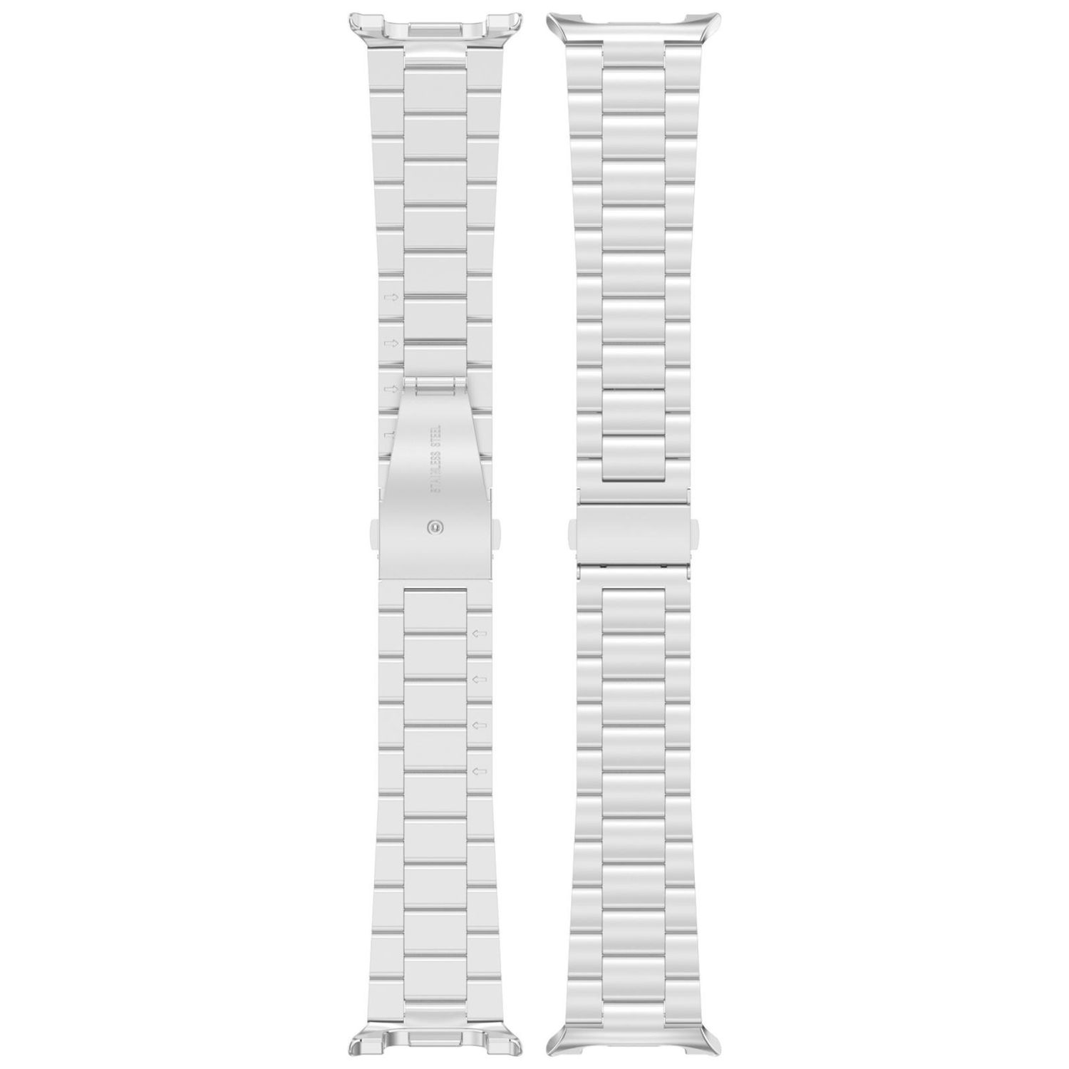Zwei silberne Uhrenarmbänder werden angezeigt. Jeder Riemen besteht aus kleinen, rechteckigen Metallgliedern. Die Riemen sind vor weißem Hintergrund.