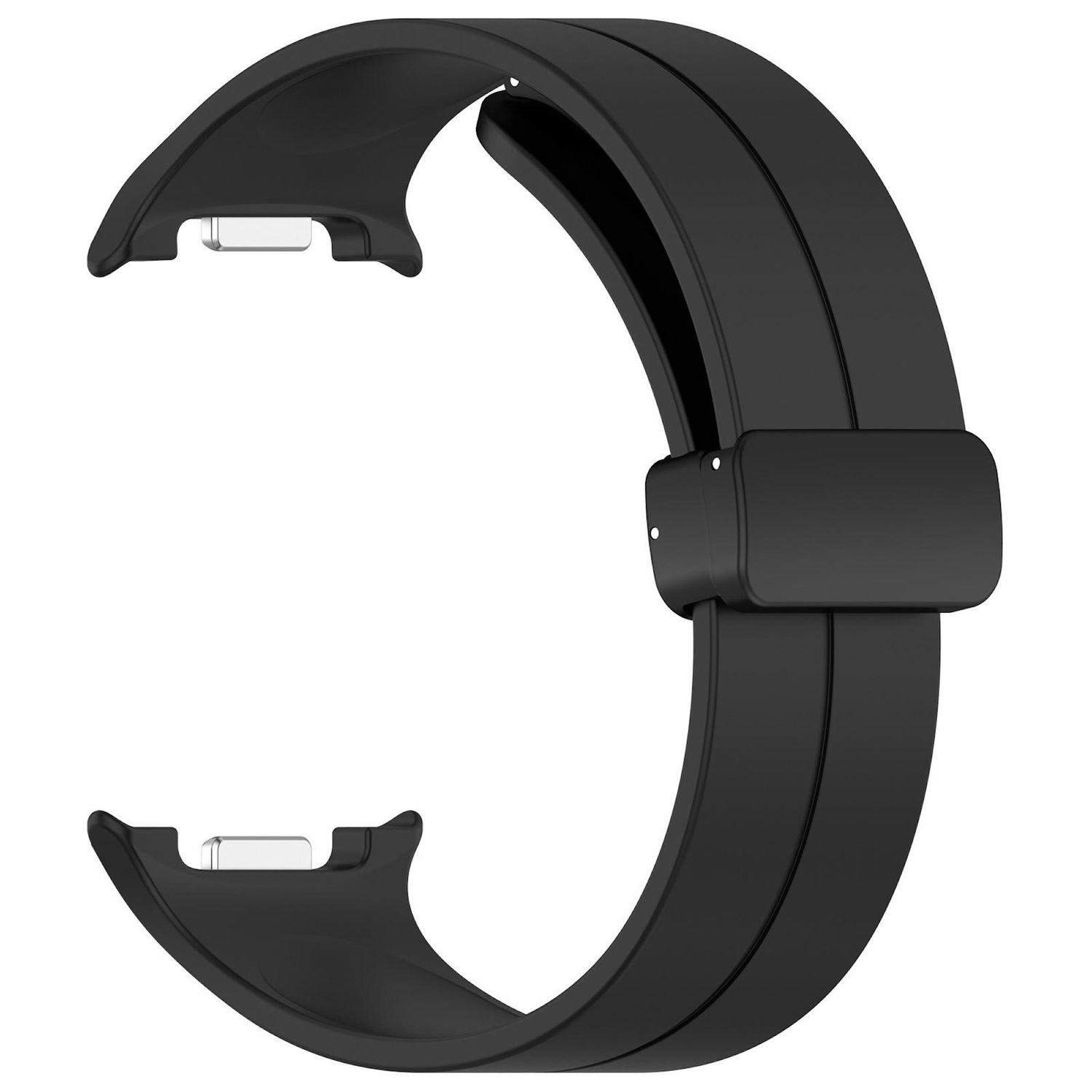 Schwarzes, gebogenes Uhrenarmband. Es hat einen Verschluss und zwei silberne Stecker. Das Band hat ein geriffeltes Design.