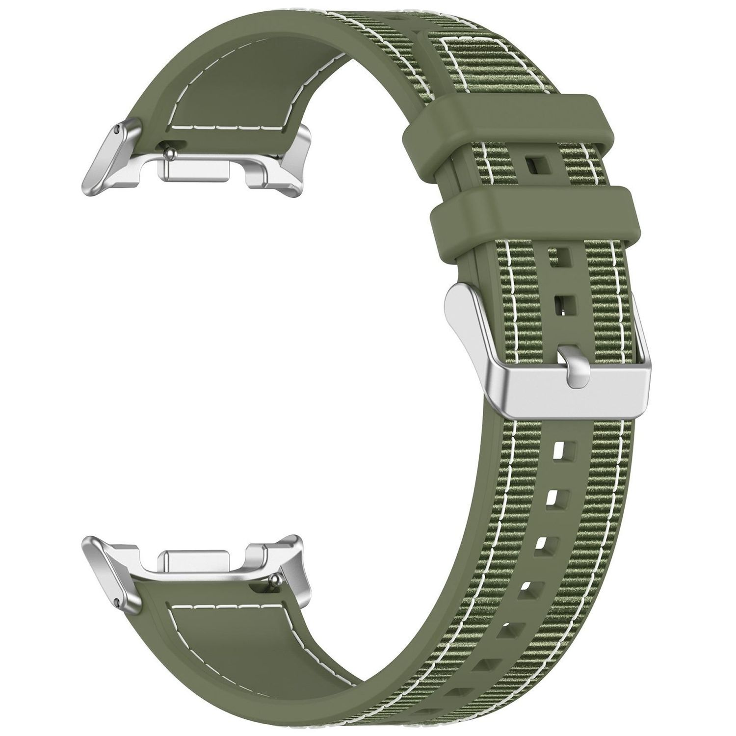 Un cinturino per orologio verde oliva con un motivo intrecciato e chiusure in metallo argentato. Il cinturino è curvo e ha un design sportivo.