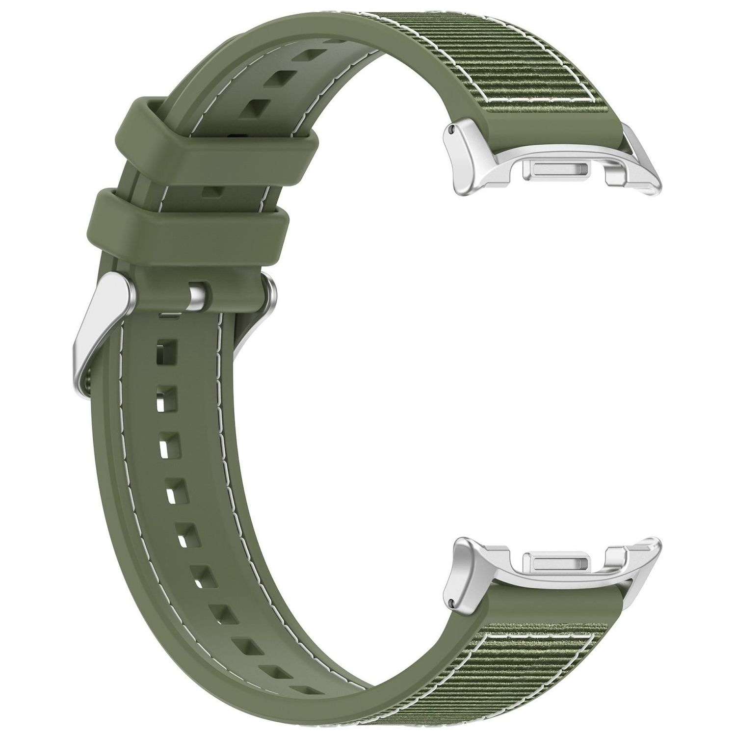 Cinturino verde oliva con cuciture bianche. Presenta una chiusura in acciaio inossidabile. Vengono utilizzati materiali in tessuto e gomma.