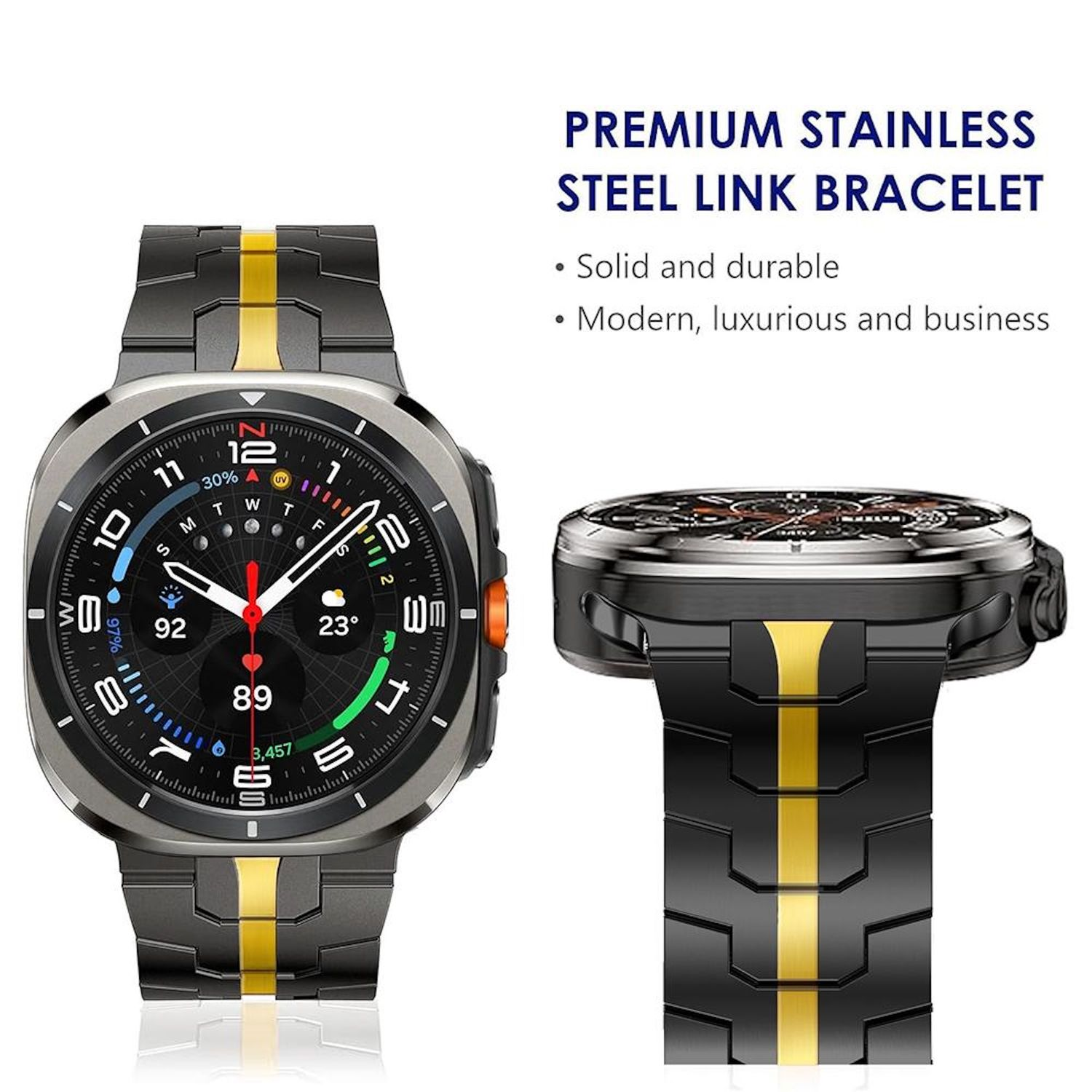 Uno smartwatch con cinturino in acciaio inox nero e una striscia gialla. Il quadrante mostra l'ora e le metriche di salute.